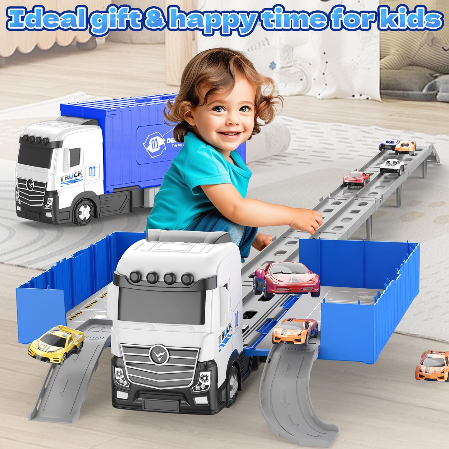 Sunxiaoyoung Transformable Truck & 3-Layer Race Track Playset — 62-Inch Track, 8 Metal Cars, Parking Garage