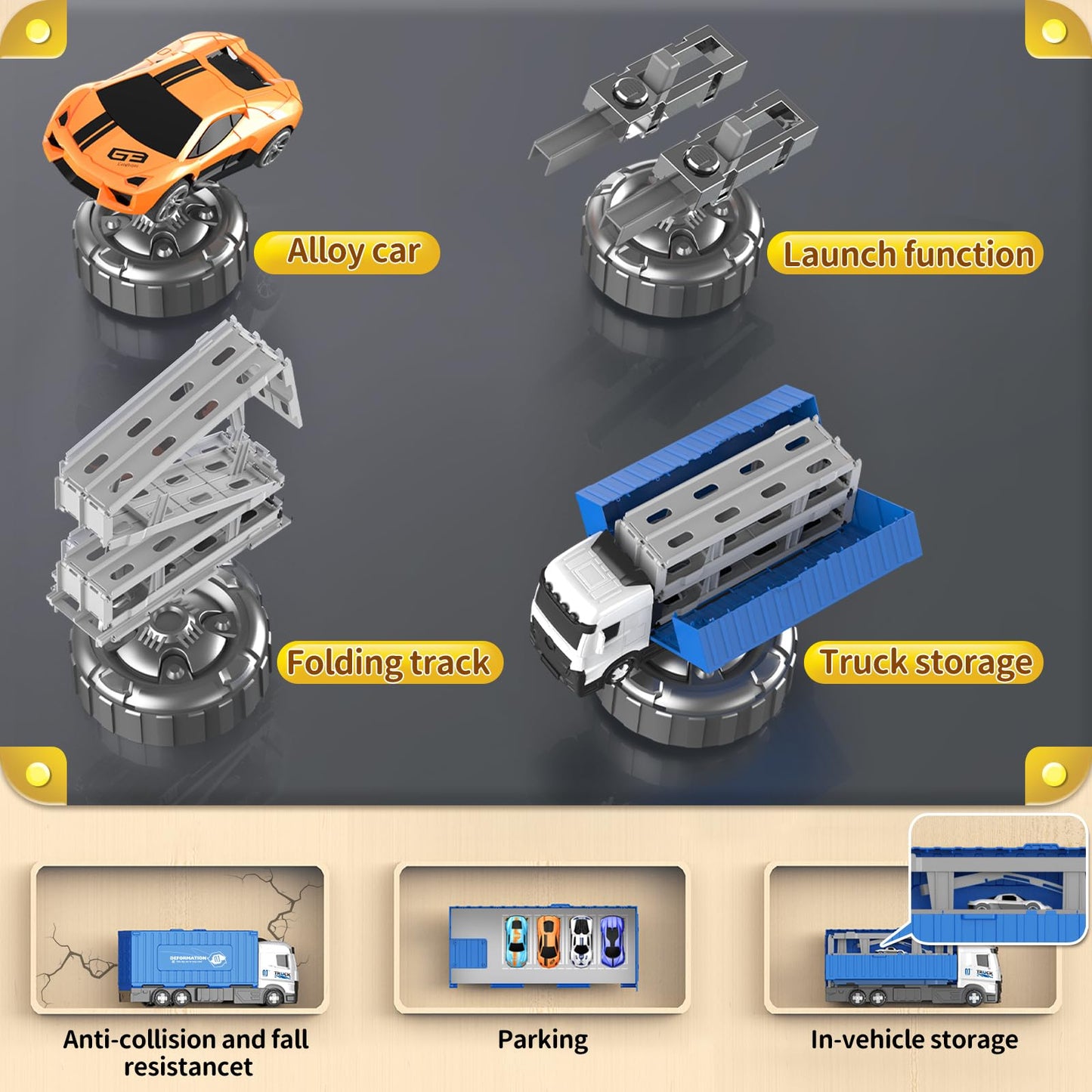 Sunxiaoyoung Transformable Truck & 3-Layer Race Track Playset — 62-Inch Track, 8 Metal Cars, Parking Garage