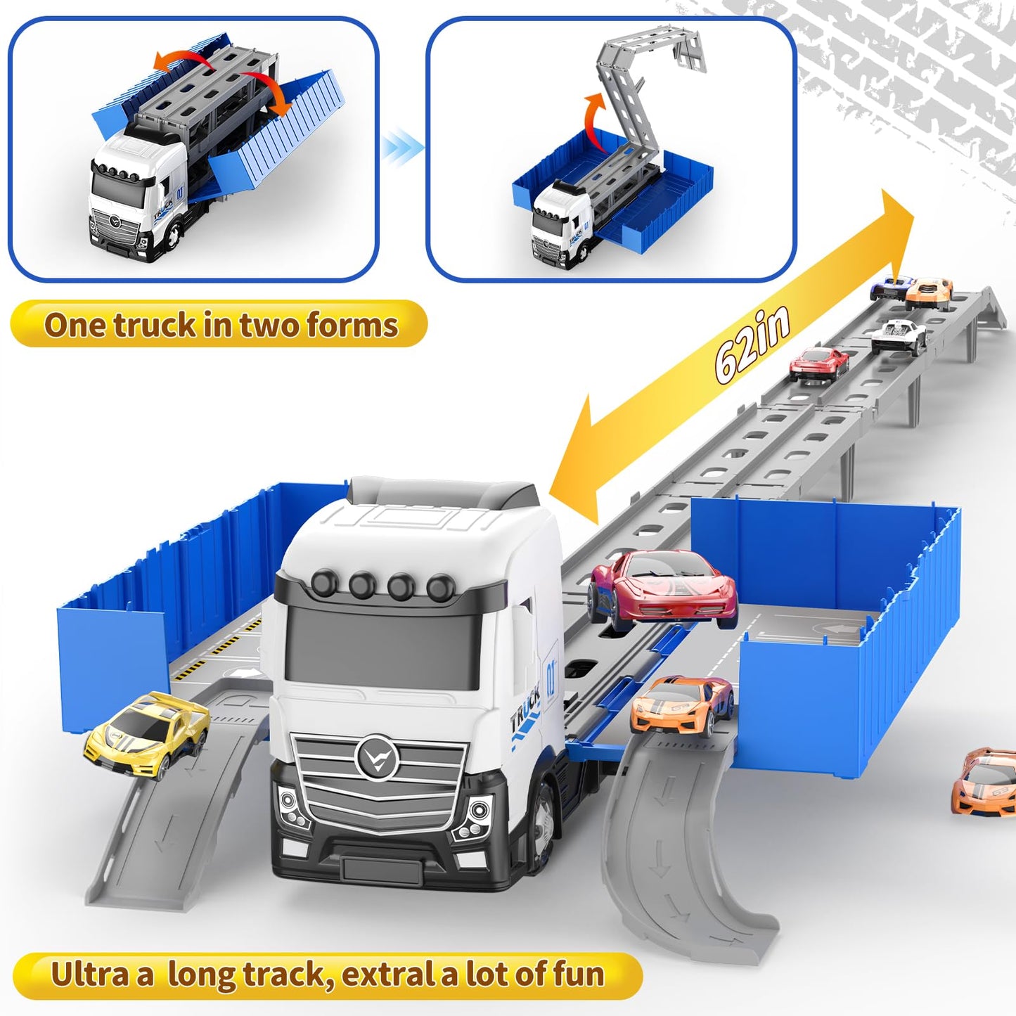 Sunxiaoyoung Transformable Truck & 3-Layer Race Track Playset — 62-Inch Track, 8 Metal Cars, Parking Garage