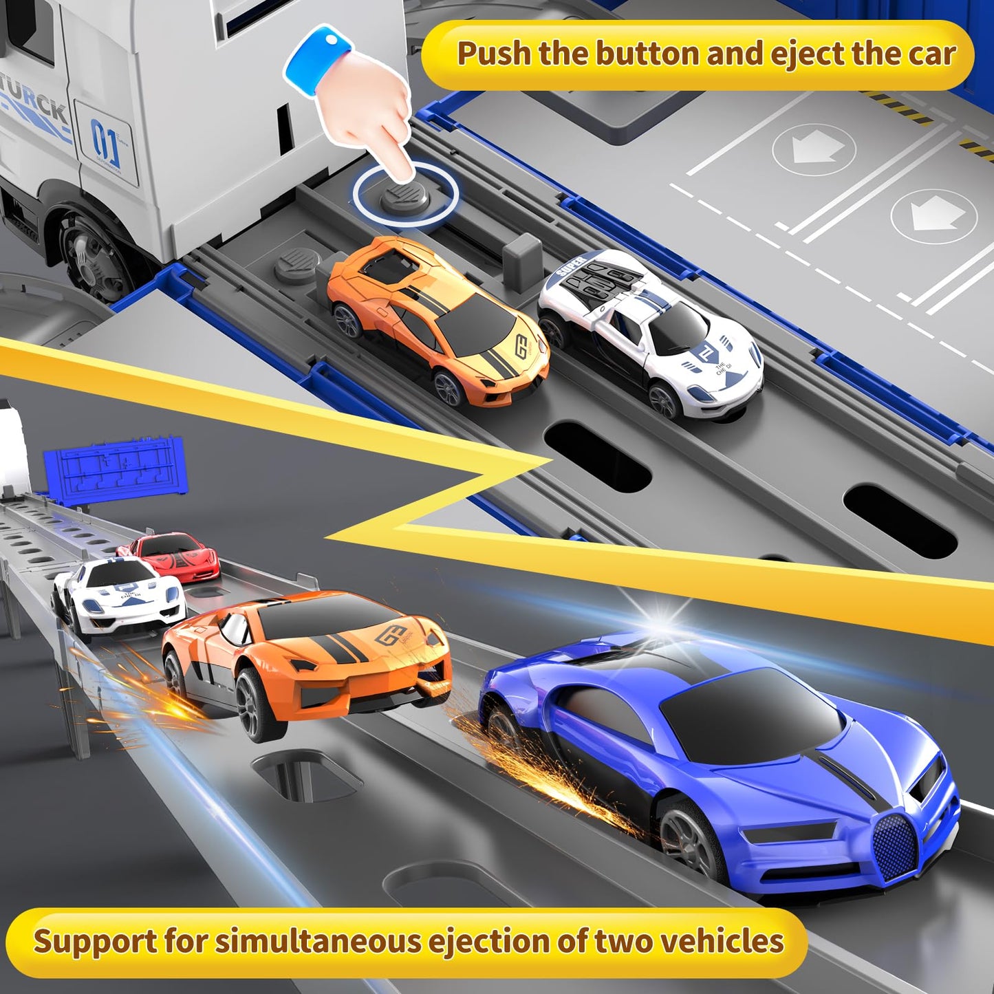 Sunxiaoyoung Transformable Truck & 3-Layer Race Track Playset — 62-Inch Track, 8 Metal Cars, Parking Garage