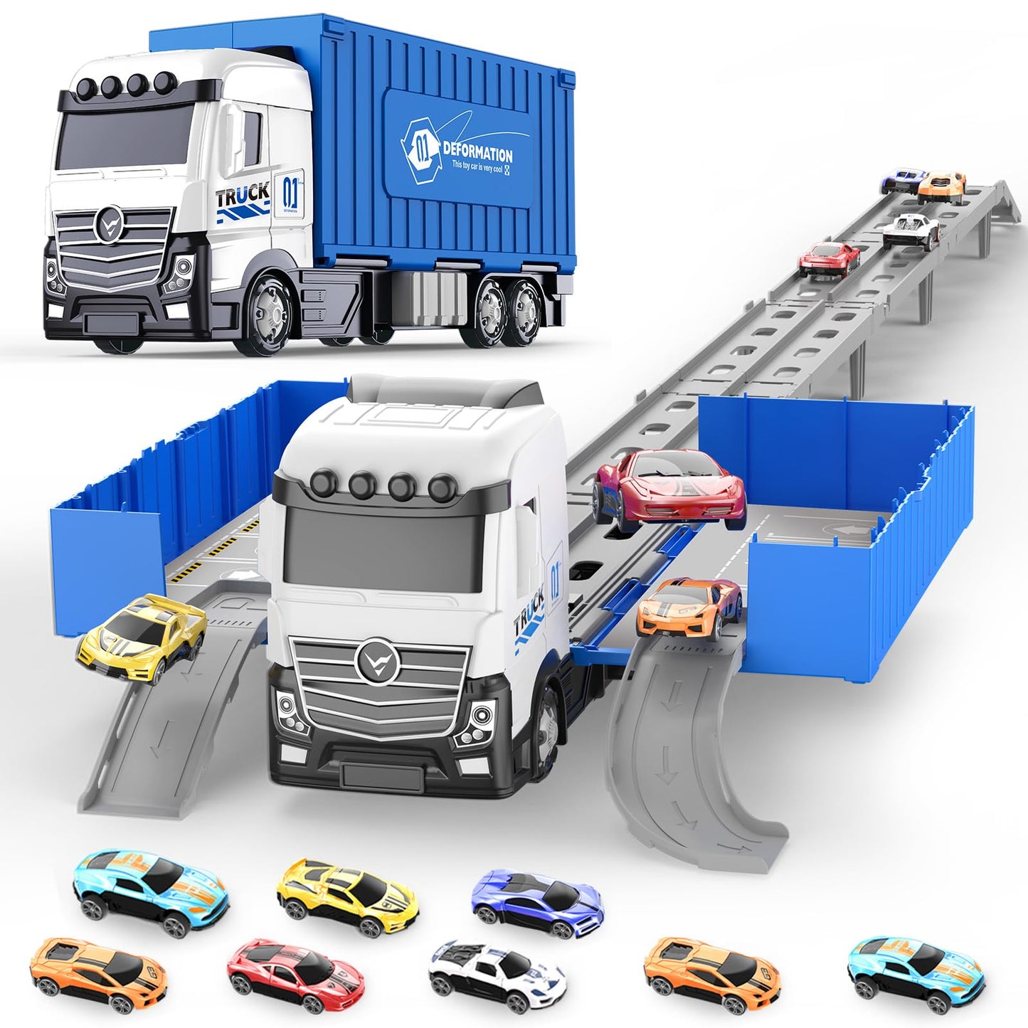 Sunxiaoyoung Transformable Truck & 3-Layer Race Track Playset — 62-Inch Track, 8 Metal Cars, Parking Garage