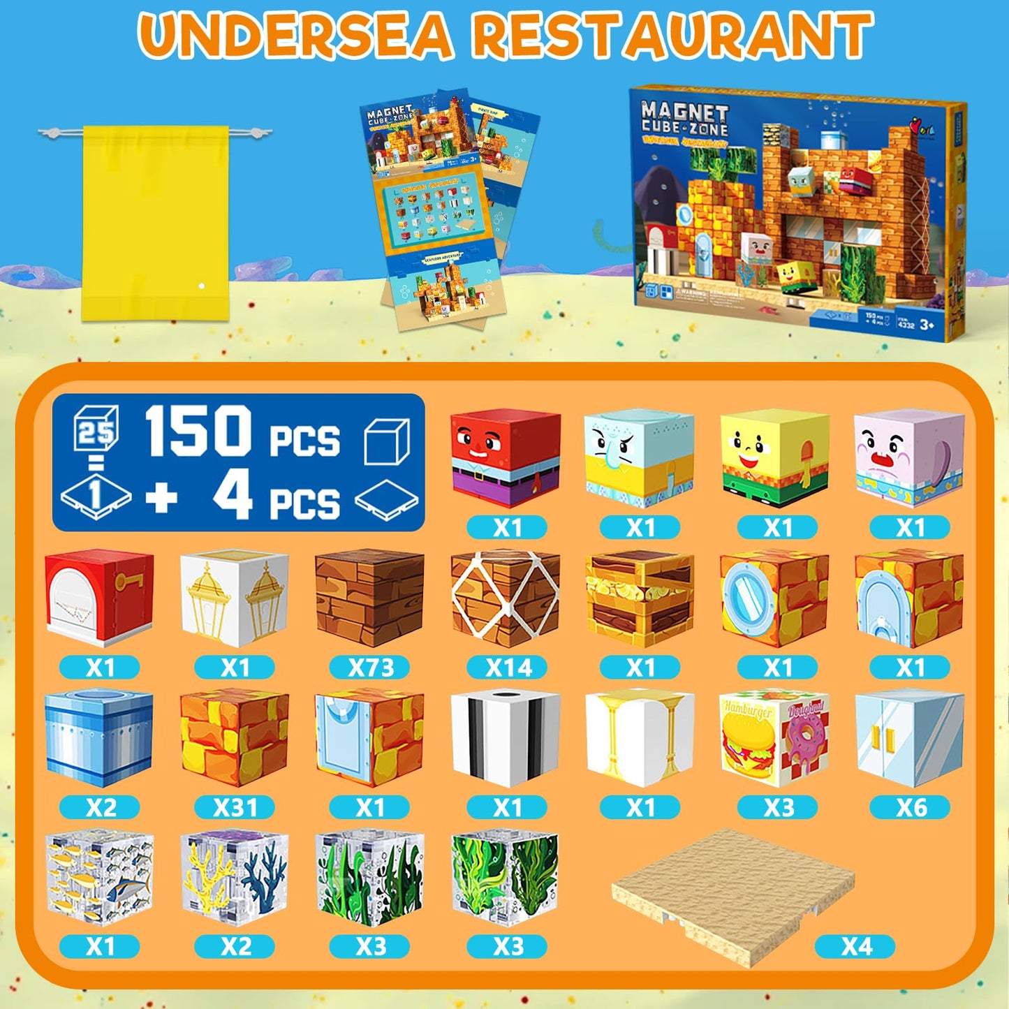 Sunxiaoyoung 150 PCS Magnetic Blocks – 4 Expandable Base Plates STEM Building Kit for Kids 3-12