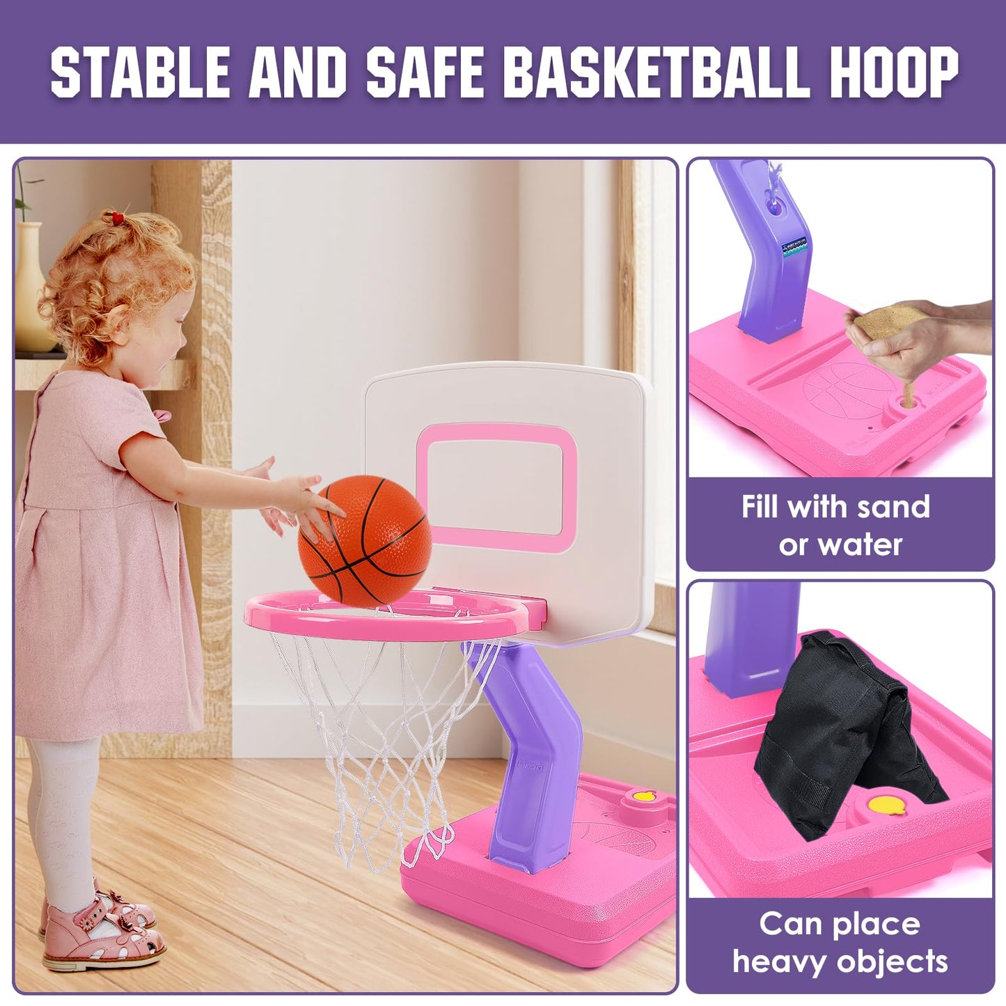 SUPER JOY Toddler Pink Basketball Hoop – Adjustable Mini Indoor/Outdoor Hoop for Kids Ages 1-5