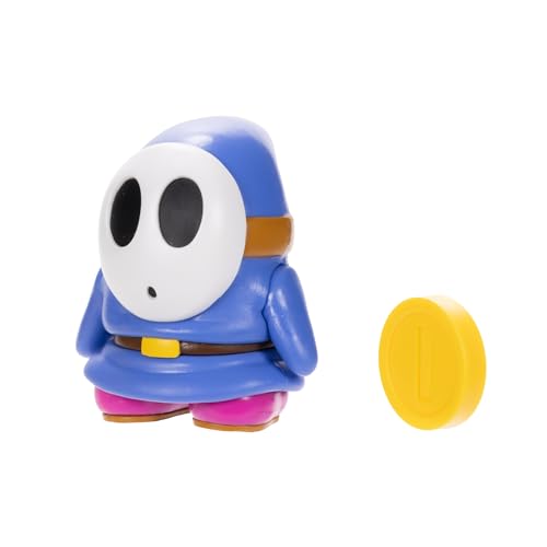 Super Mario Blue Shy Guy 4-Inch Poseable Figure with Coin Accessory | Officially Licensed