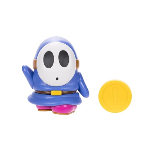 Super Mario Blue Shy Guy 4-Inch Poseable Figure with Coin Accessory | Officially Licensed