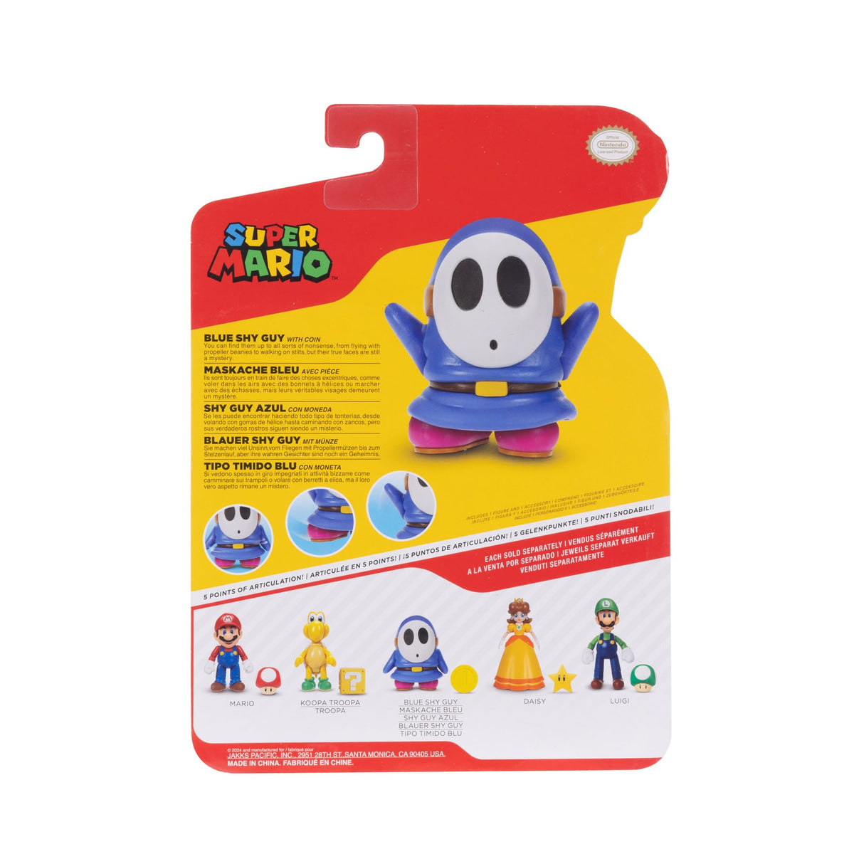 Super Mario Blue Shy Guy 4-Inch Poseable Figure with Coin Accessory | Officially Licensed
