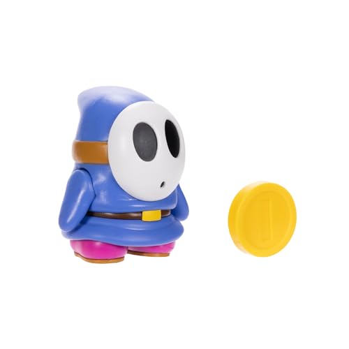 Super Mario Blue Shy Guy 4-Inch Poseable Figure with Coin Accessory | Officially Licensed