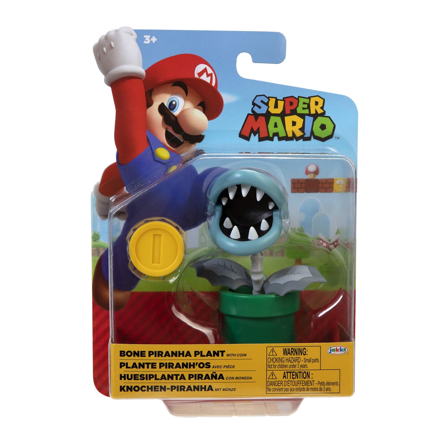 Super Mario Bone Piranha 4-Inch Poseable Figure with Coin Accessory – Collectibles for Kids & Fans (Ages 3+)