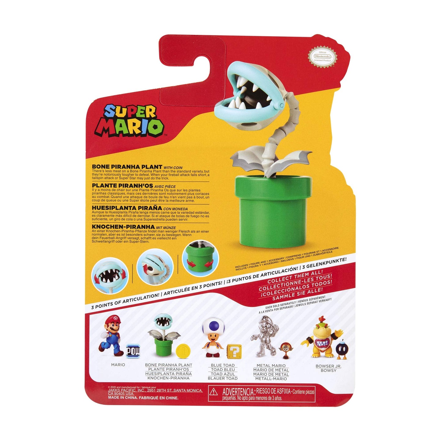 Super Mario Bone Piranha 4-Inch Poseable Figure with Coin Accessory – Collectibles for Kids & Fans (Ages 3+)