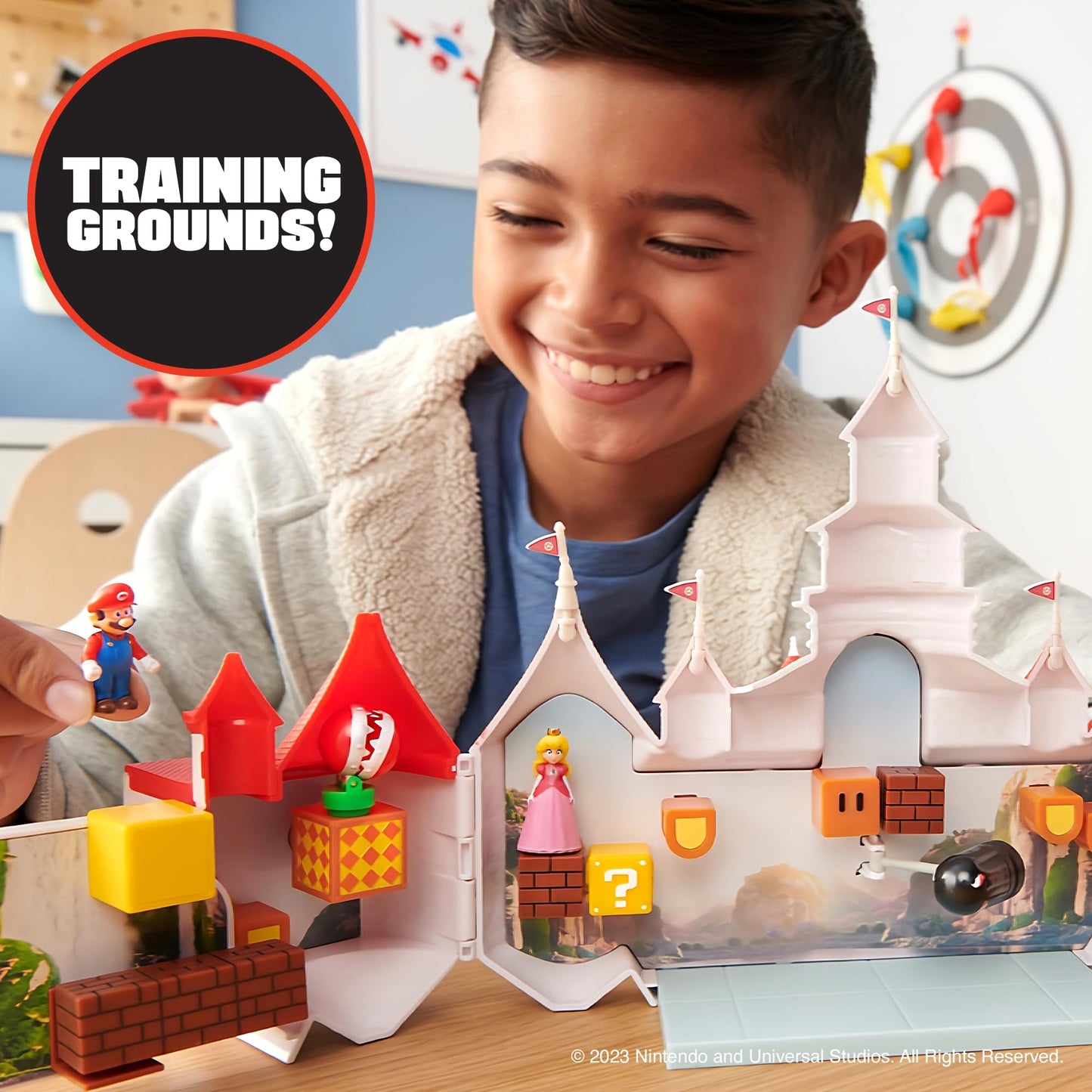 Super Mario Bros Movie Mushroom Kingdom Castle Playset – Includes 1.25" Mario & Princess Peach Figures | Interactive Training Grounds