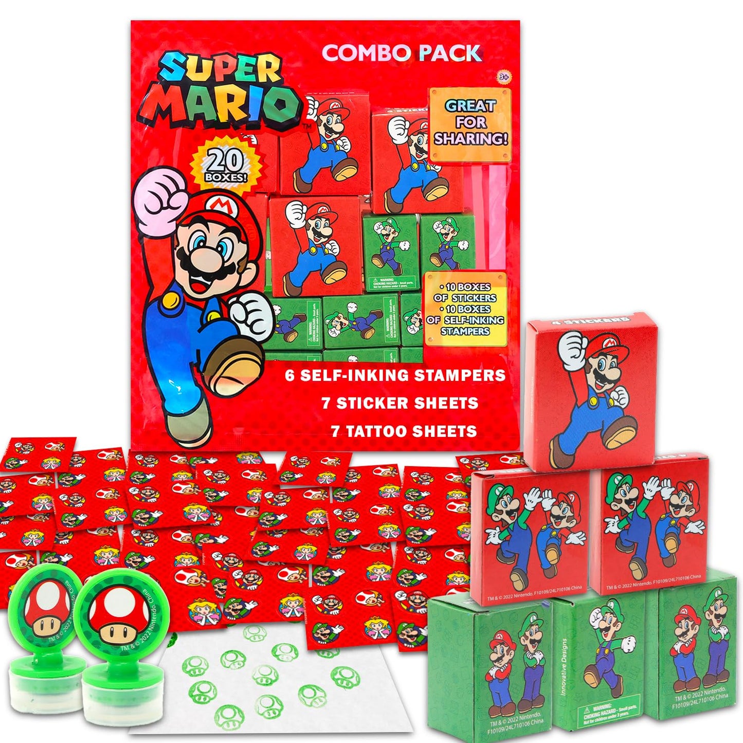 Super Mario Party Favors for 20 Guests – 20 Boxes with Stickers & Stampers