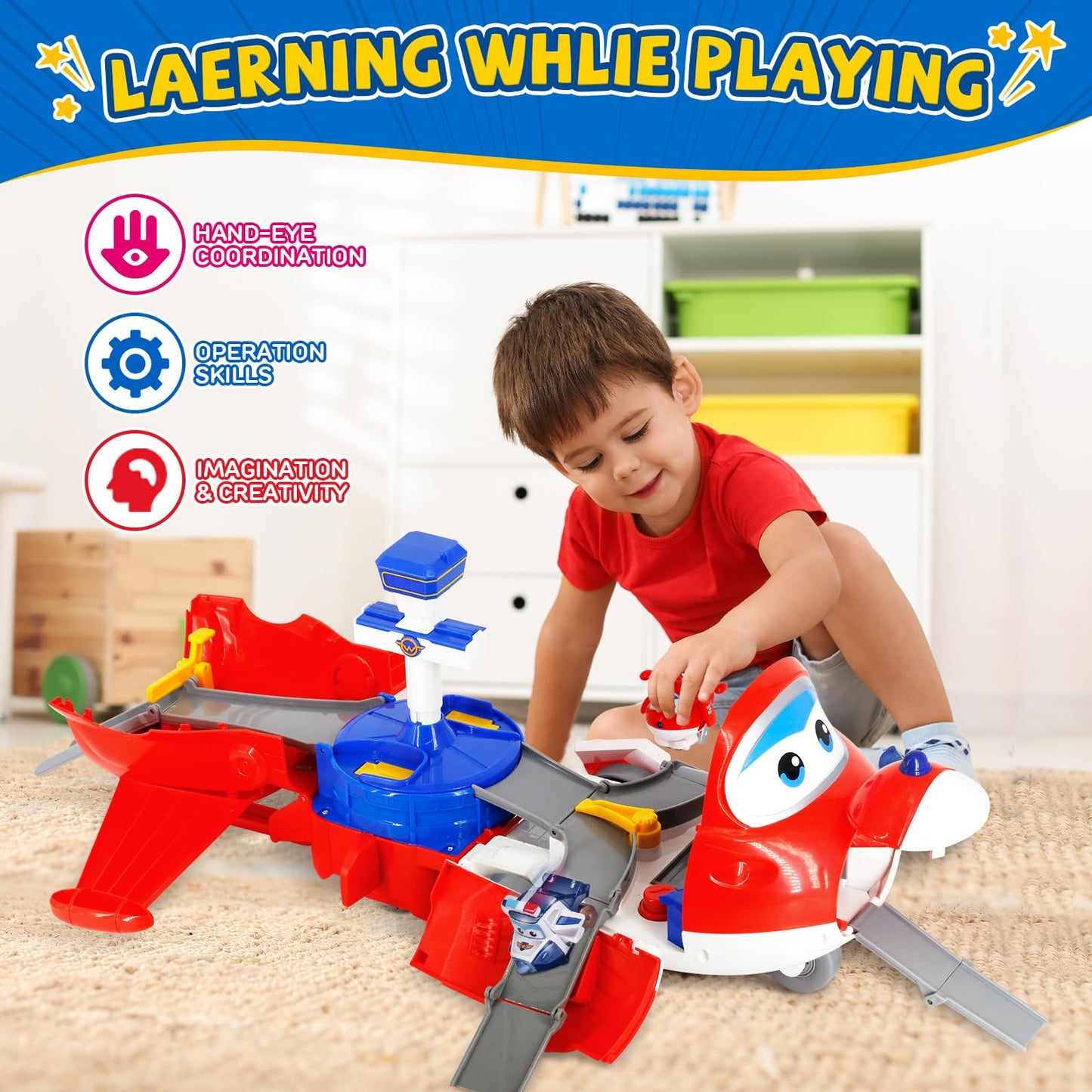 Super Wings Jett's Takeoff Tower 2-in-1 Airport Playset | 12" Plane to 23" Airport, No Batteries, Ages 3+