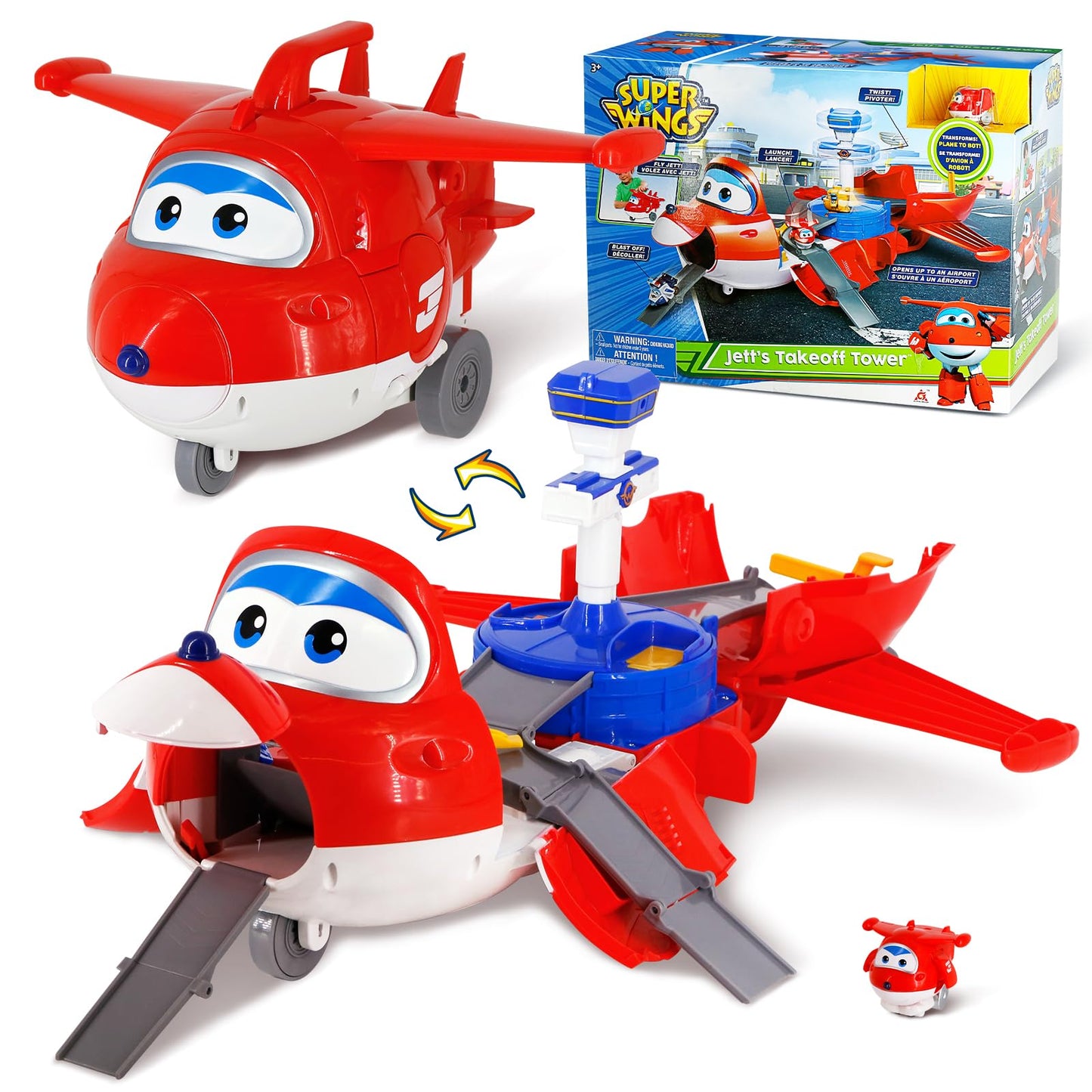 Super Wings Jett's Takeoff Tower 2-in-1 Airport Playset | 12" Plane to 23" Airport, No Batteries, Ages 3+