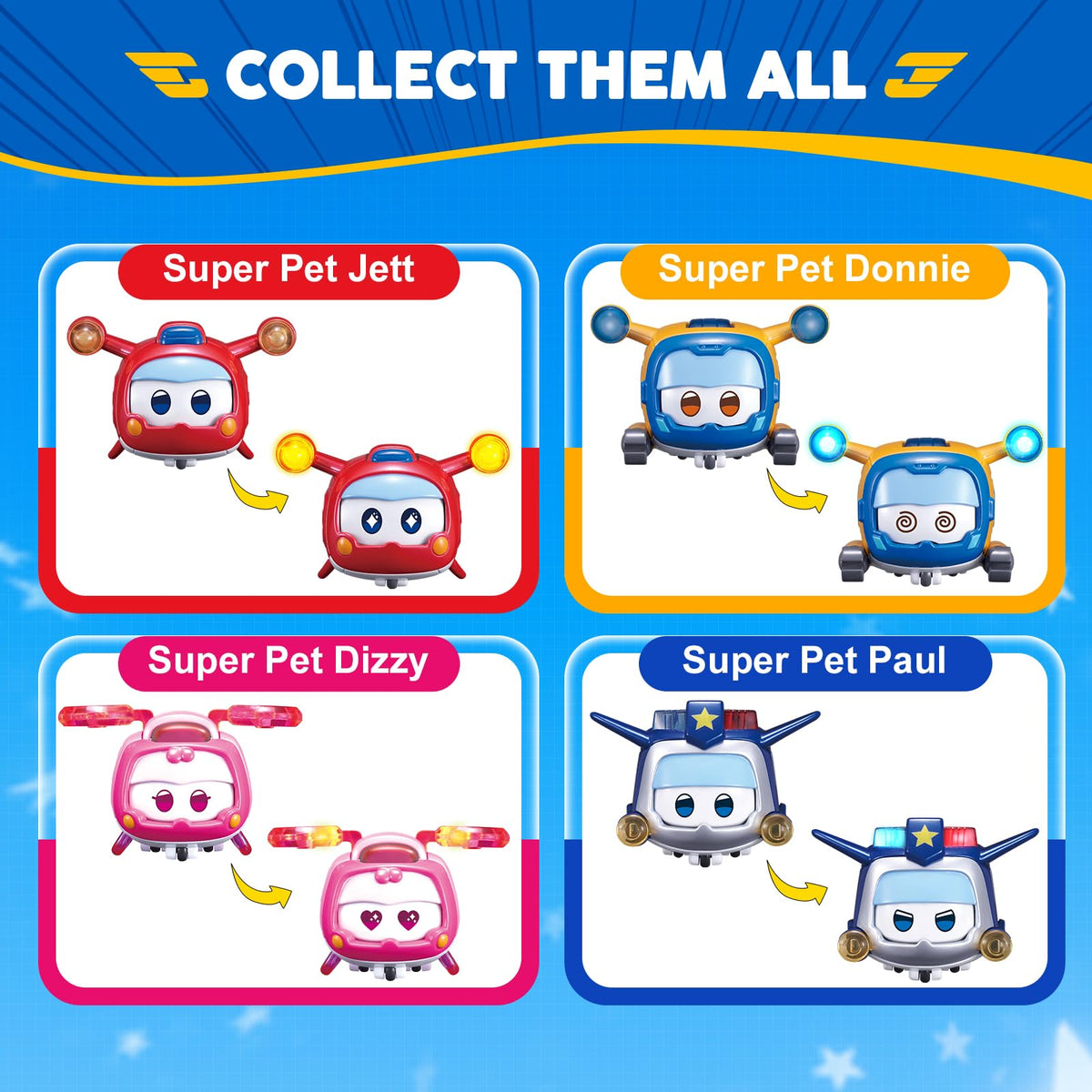 Super Wings 4-Pet Glow & Face-Change Set – Jett, Donnie, Paul & Dizzy