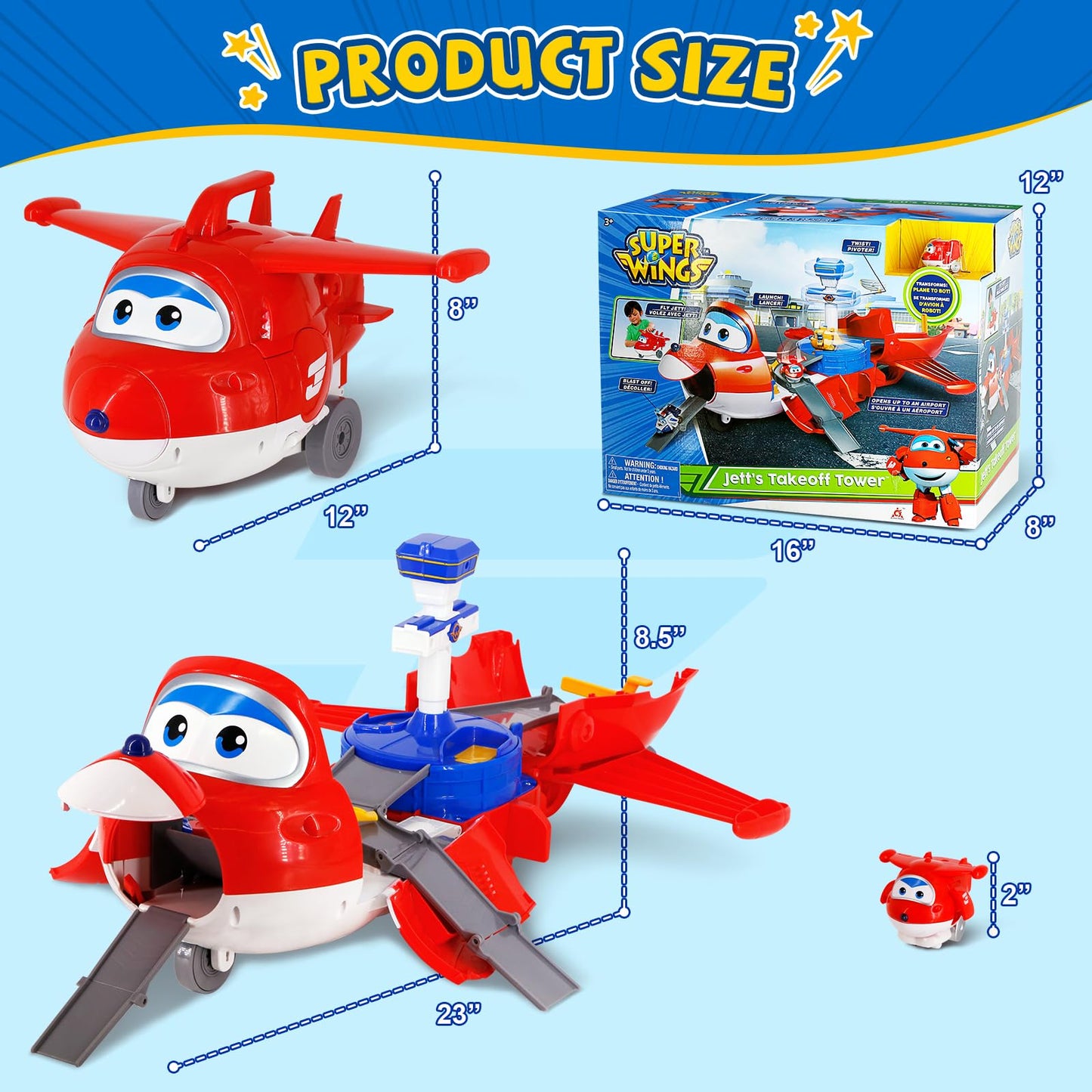 Super Wings Jett's Takeoff Tower 2-in-1 Airport Playset | 12" Plane to 23" Airport, No Batteries, Ages 3+