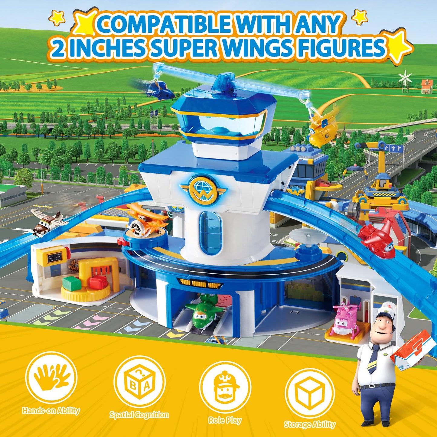 Super Wings World Airport Playset with 2 Transform-a-Bot Jett & Donnie Figures | Preschool Learning Toy