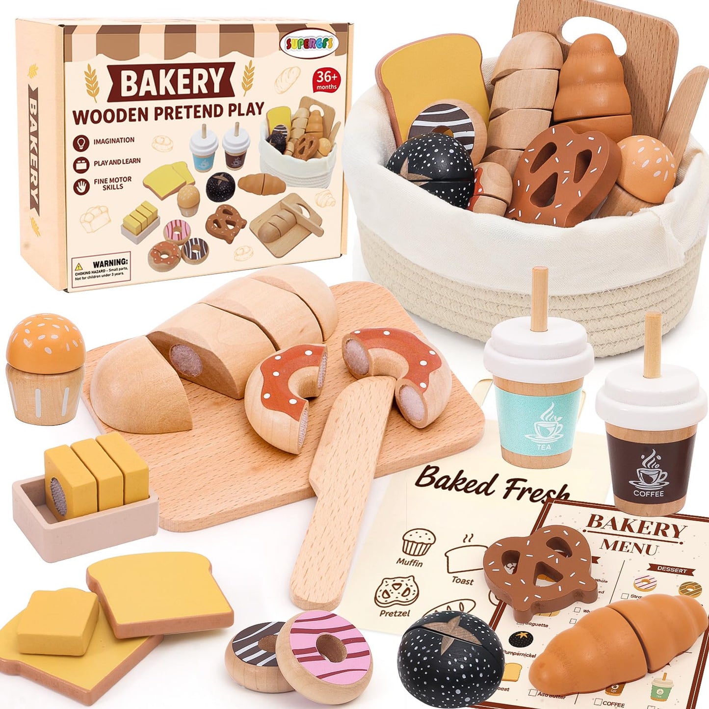SUPERGFS Wooden Bakery Playset – Realistic Pretend Food with Tote for Kids 3+