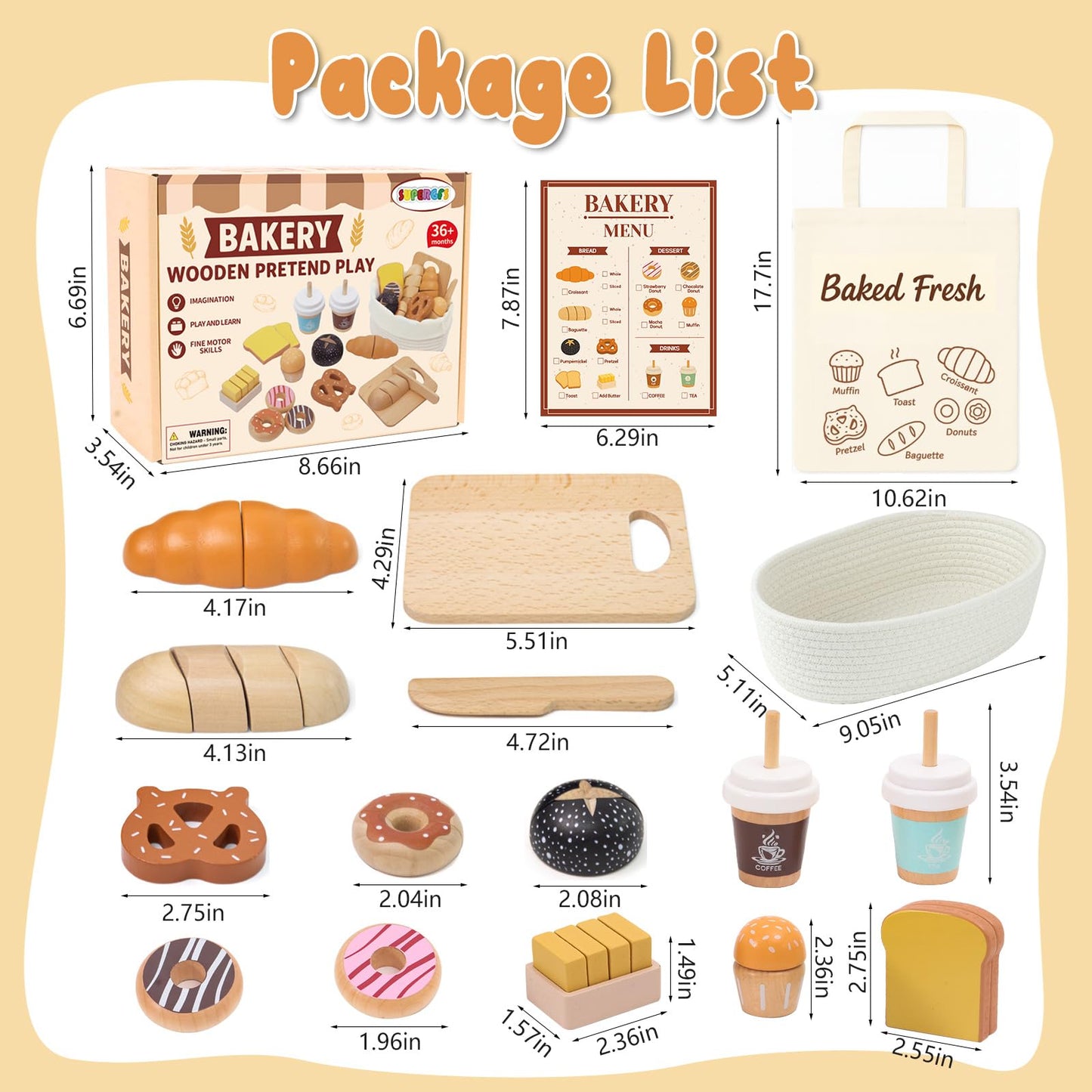 SUPERGFS Wooden Bakery Playset – Realistic Pretend Food with Tote for Kids 3+