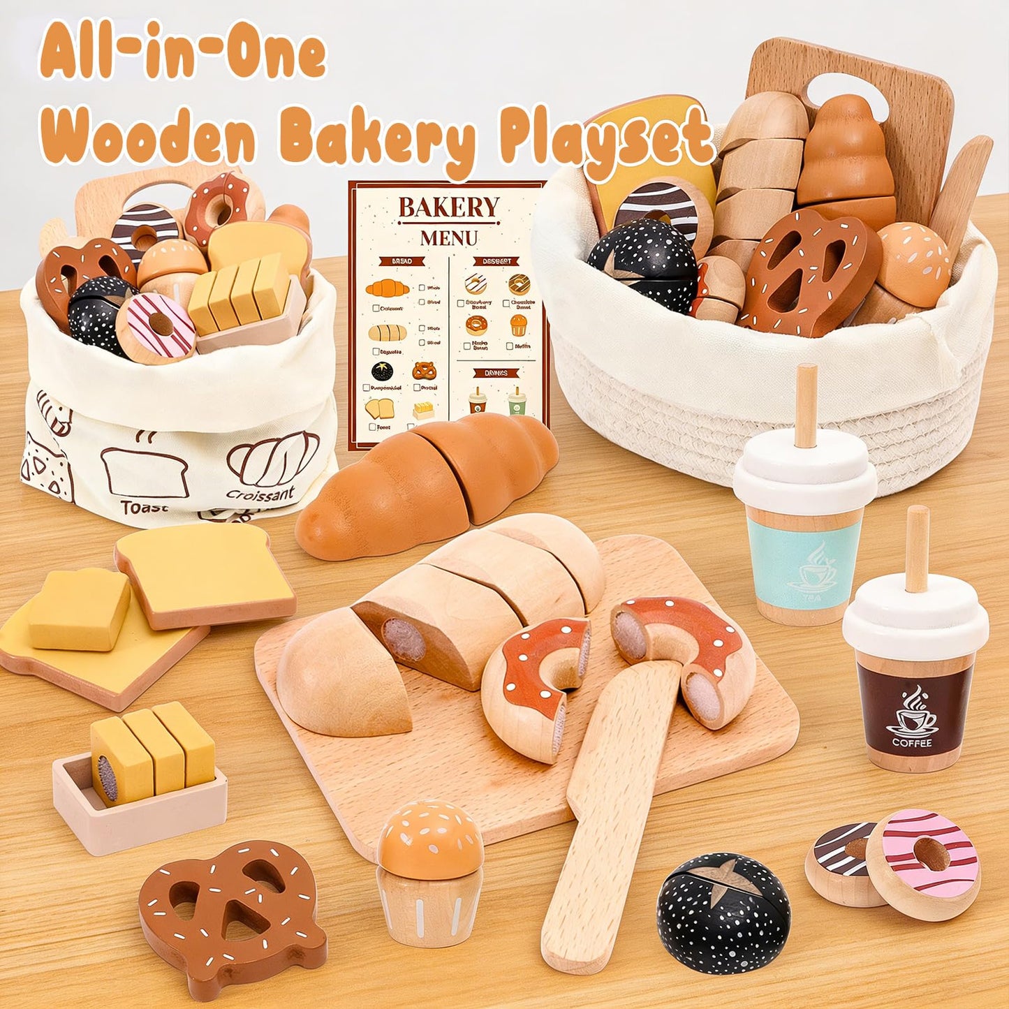SUPERGFS Wooden Bakery Playset – Realistic Pretend Food with Tote for Kids 3+
