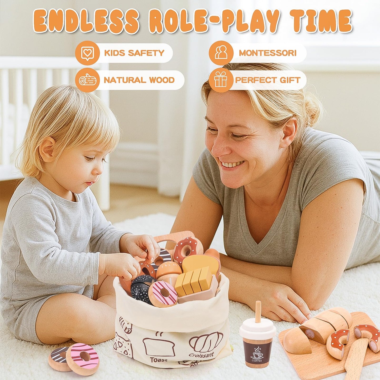 SUPERGFS Wooden Bakery Playset – Realistic Pretend Food with Tote for Kids 3+