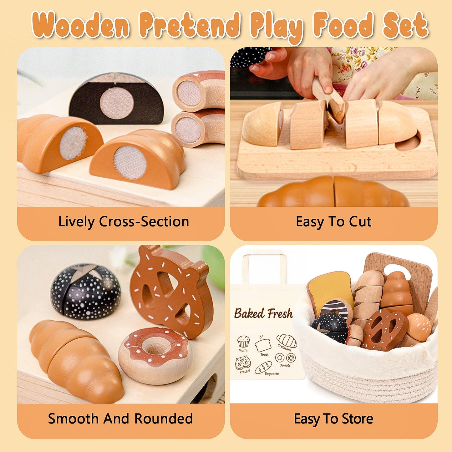 SUPERGFS Wooden Bakery Playset – Realistic Pretend Food with Tote for Kids 3+