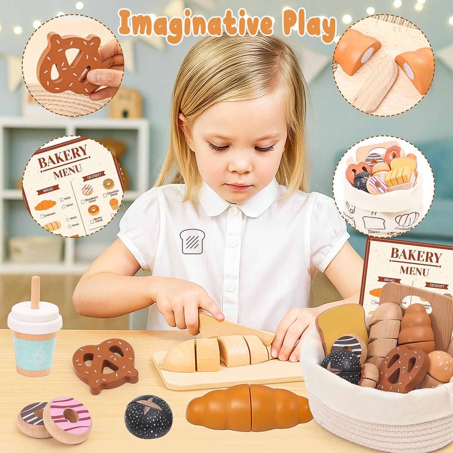 SUPERGFS Wooden Bakery Playset – Realistic Pretend Food with Tote for Kids 3+