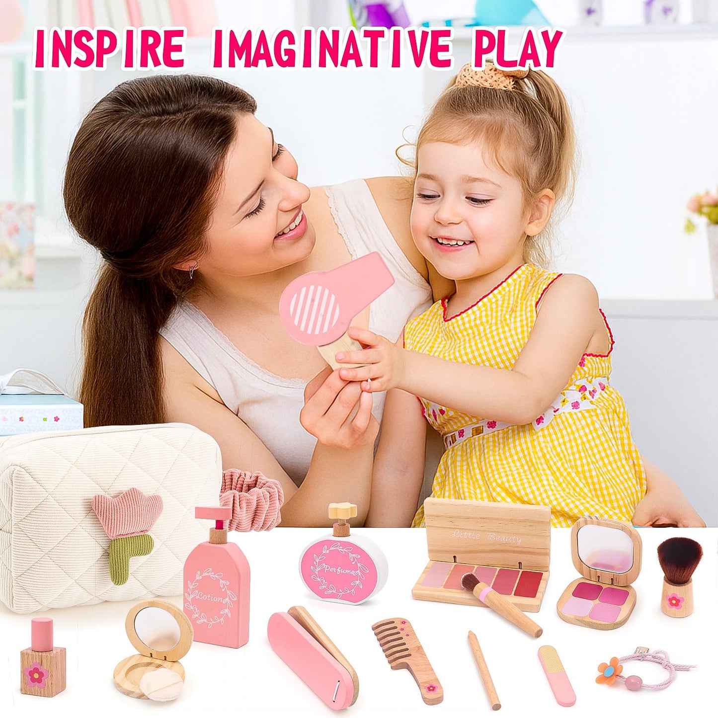 SUPERGFS Wooden Makeup Toy Set for Girls – Pretend Play Kit with Bag (Ages 3–8)