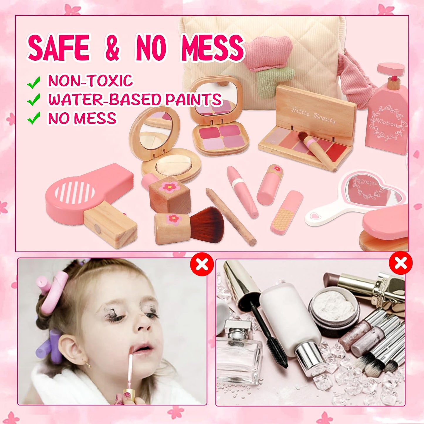 SUPERGFS Wooden Makeup Toy Set for Girls – Pretend Play Kit with Bag (Ages 3–8)