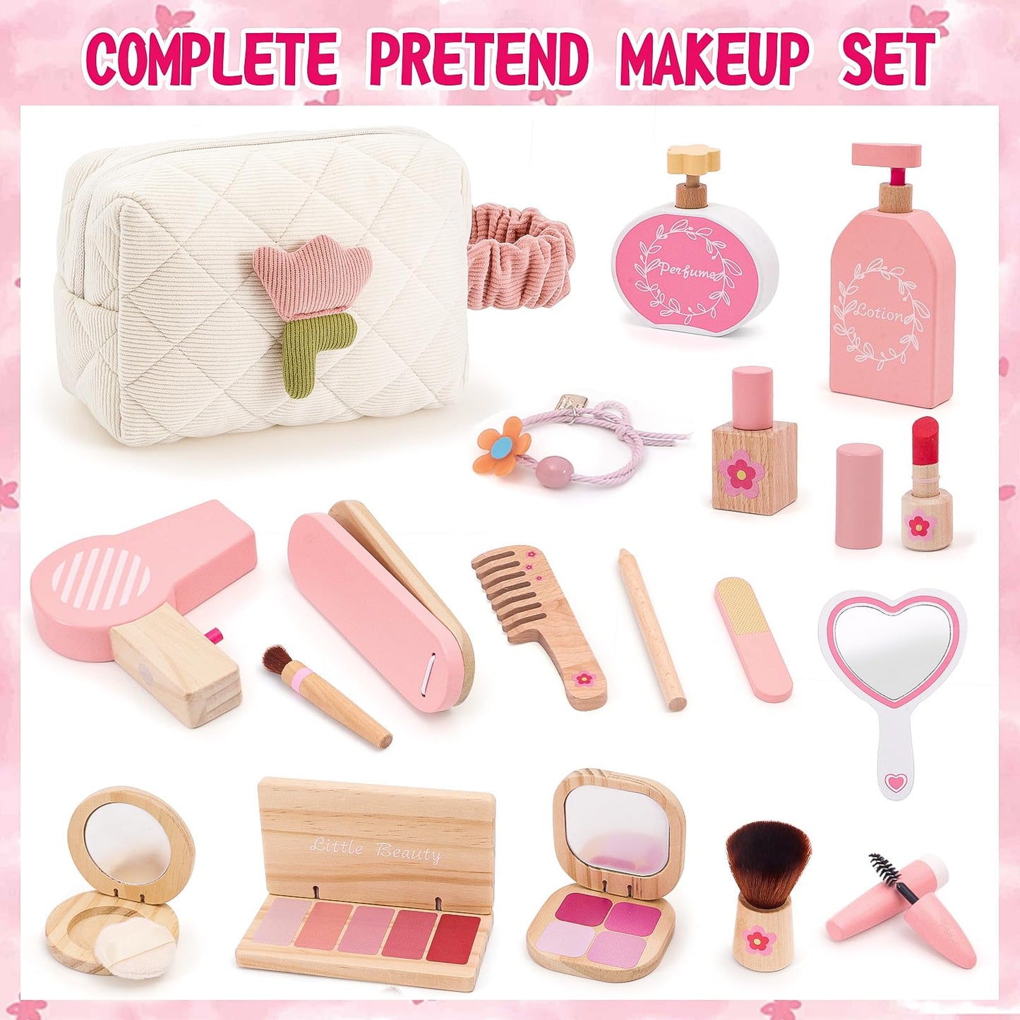 SUPERGFS Wooden Makeup Toy Set for Girls – Pretend Play Kit with Bag (Ages 3–8)