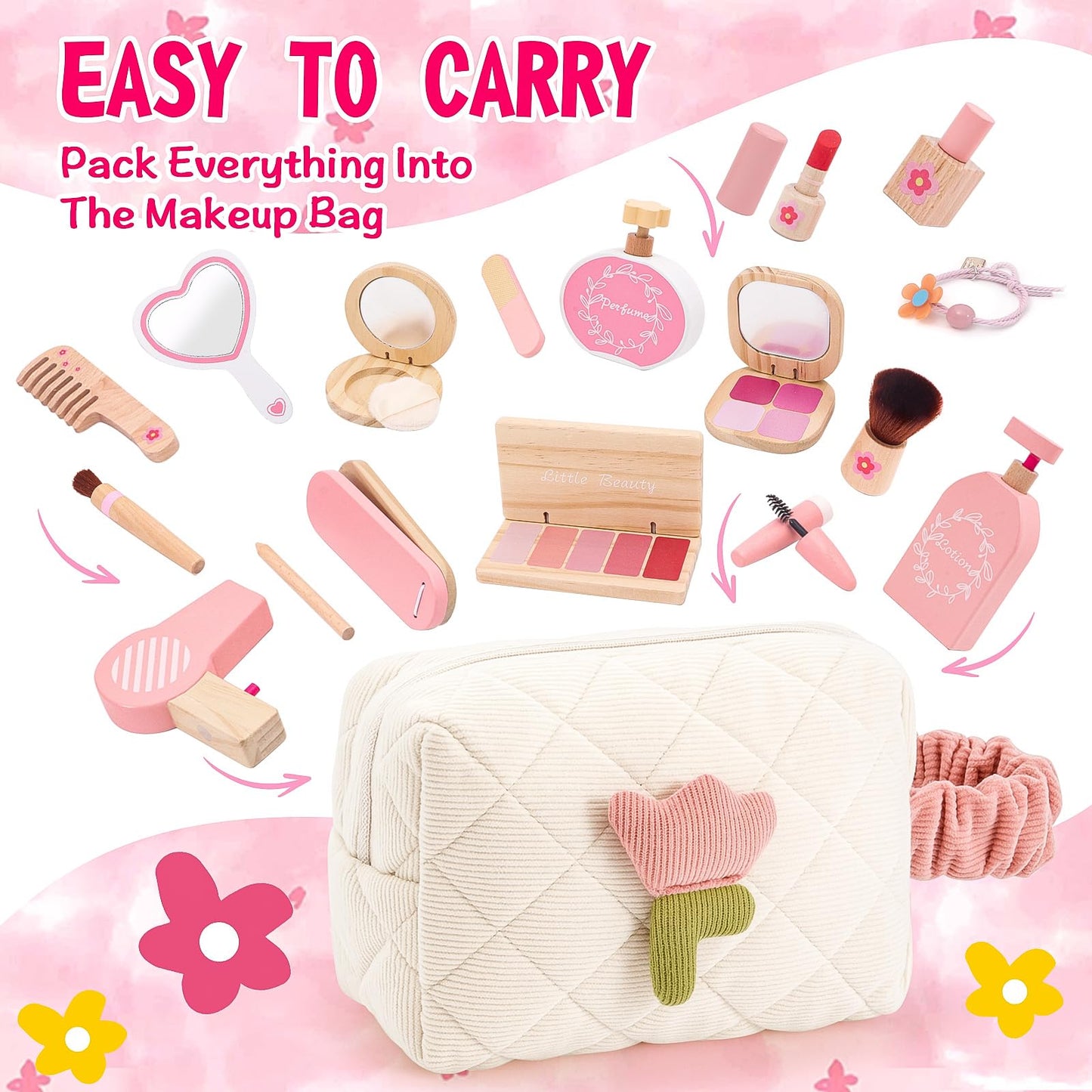 SUPERGFS Wooden Makeup Toy Set for Girls – Pretend Play Kit with Bag (Ages 3–8)