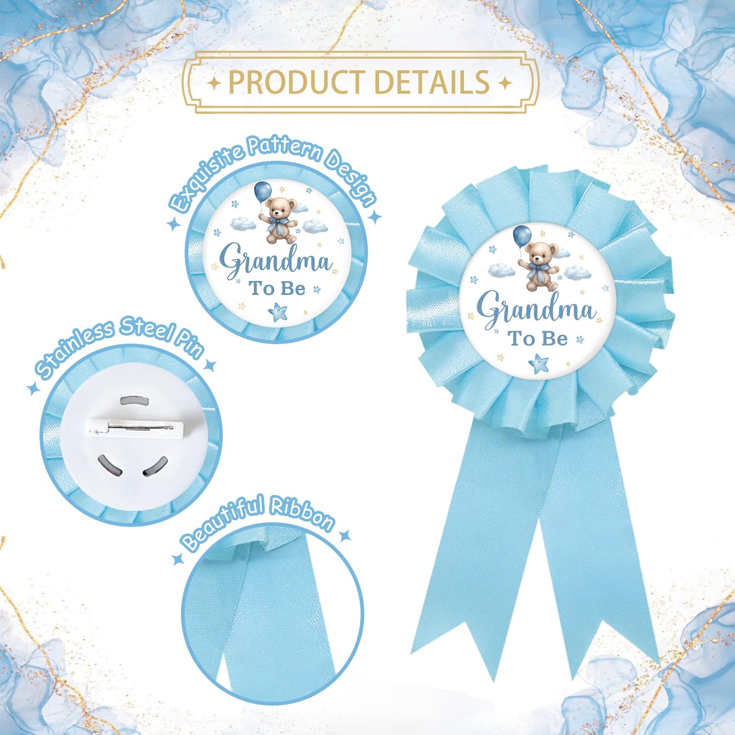 SUPERLUBY Baby Bear Grandpa-to-Be Pin | Blue Rosette Grandma Ribbon for Gender Reveal & Baby Shower