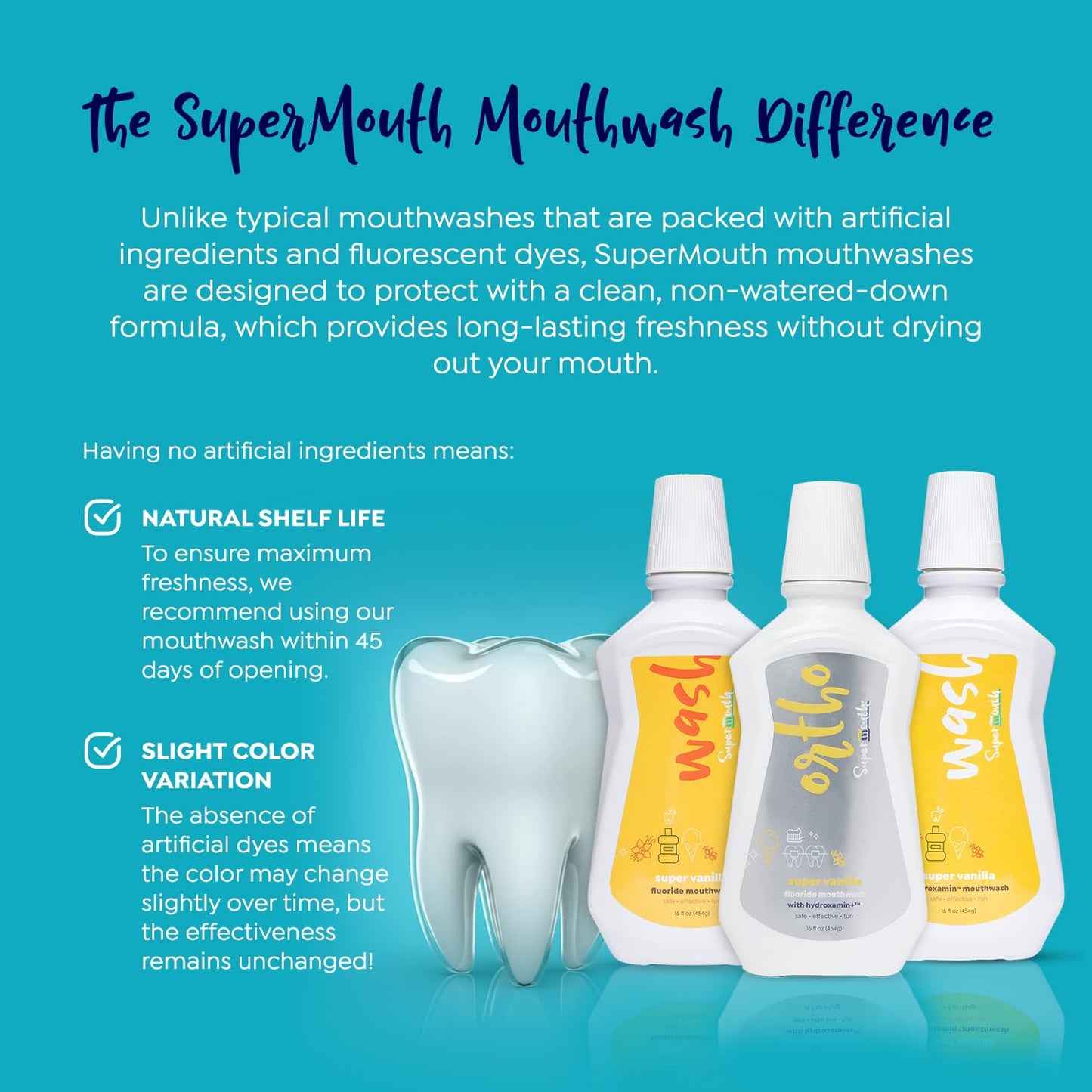 SuperMouth® Fluoride-Free Mouthwash – Nano-Hydroxyapatite, D3 & K2, Prebiotics, Alkaline pH 8.5, Alcohol-Free, 4 Flavors