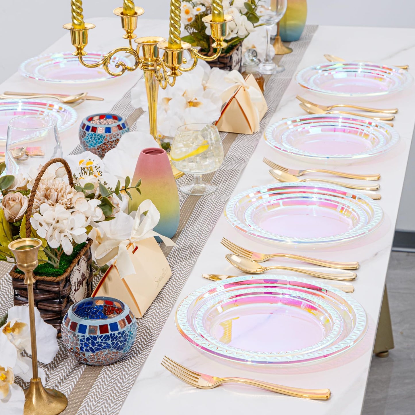 Supernal 120 Pcs Iridescent Sparkle Plastic Plates – 9-inch Dinner + 7-inch Dessert