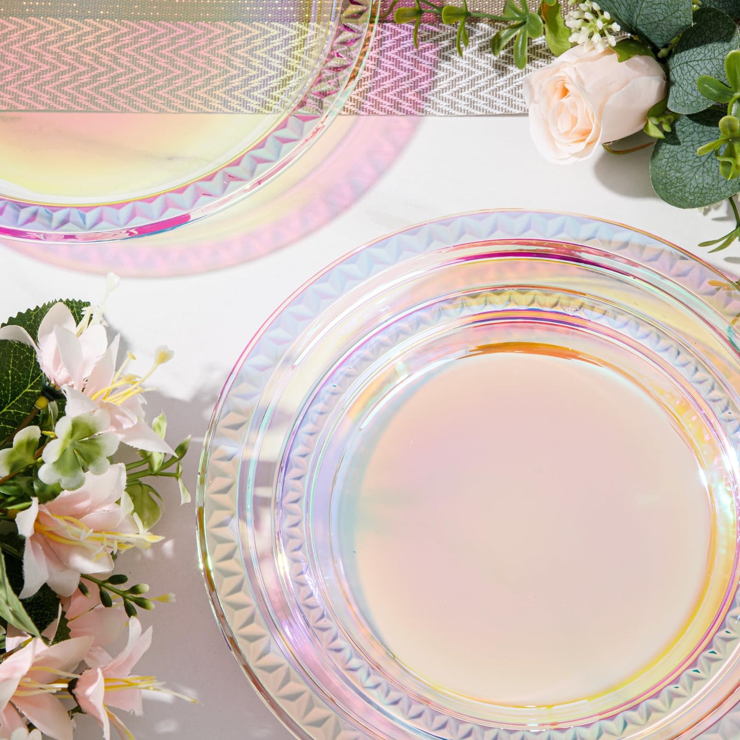 Supernal 120 Pcs Iridescent Sparkle Plastic Plates – 9-inch Dinner + 7-inch Dessert