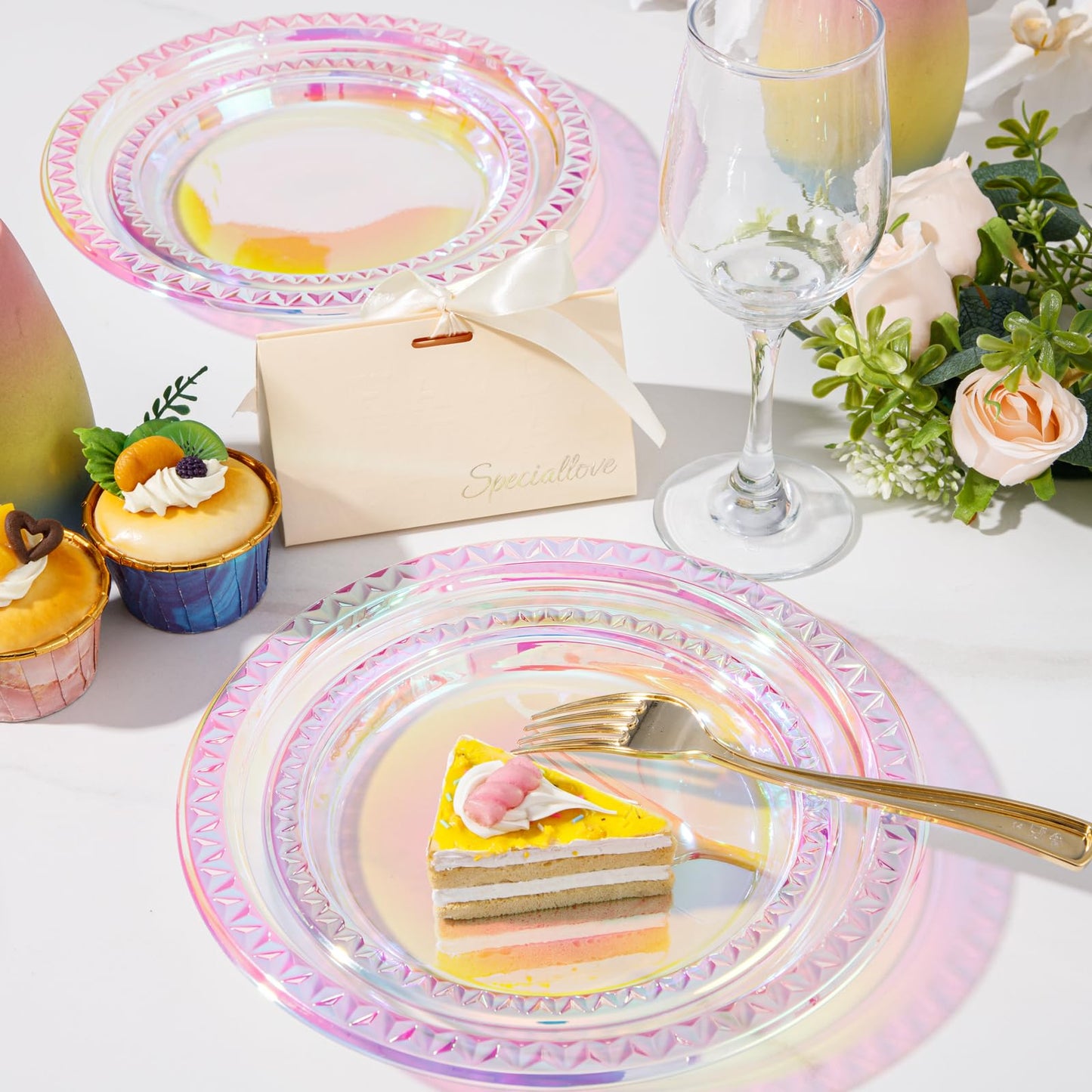 Supernal 120 Pcs Iridescent Sparkle Plastic Plates – 9-inch Dinner + 7-inch Dessert