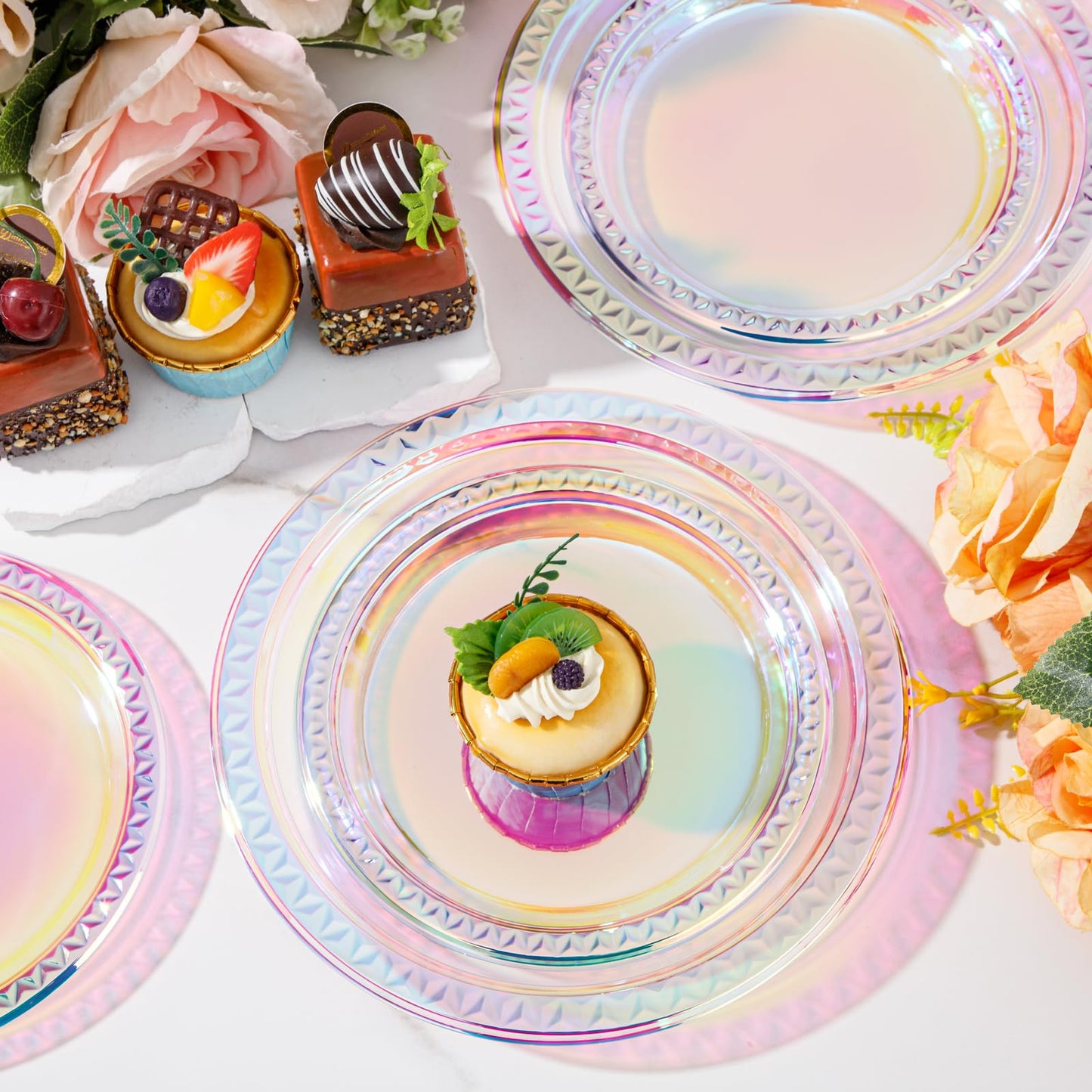 Supernal 120 Pcs Iridescent Sparkle Plastic Plates – 9-inch Dinner + 7-inch Dessert