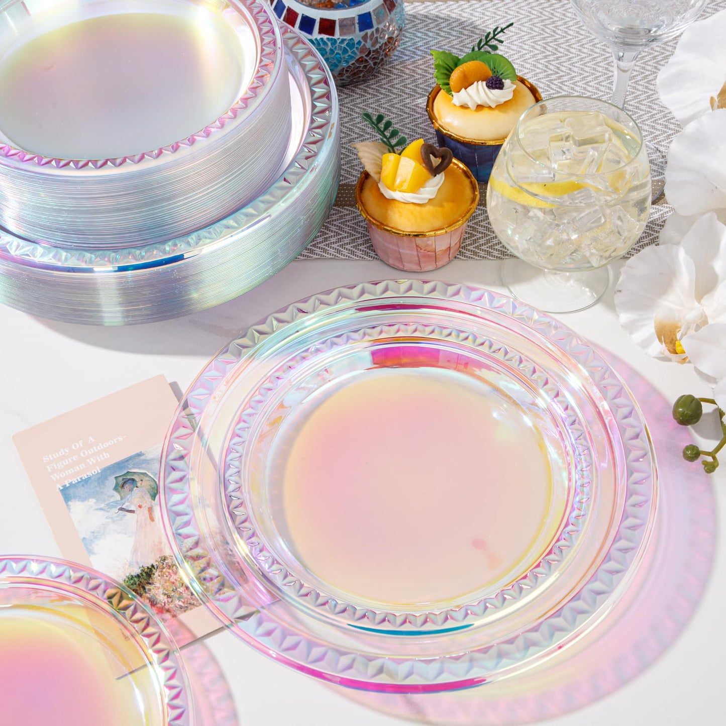 Supernal 120 Pcs Iridescent Sparkle Plastic Plates – 9-inch Dinner + 7-inch Dessert