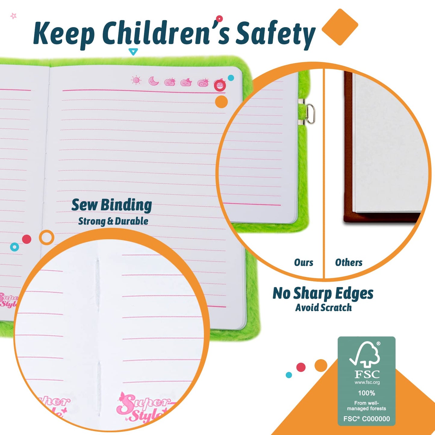 SuperStyle Journal Diary for Kids | Avocado Plush Diary with Lock, 64 Pages – Gift for Girls Aged 6-8