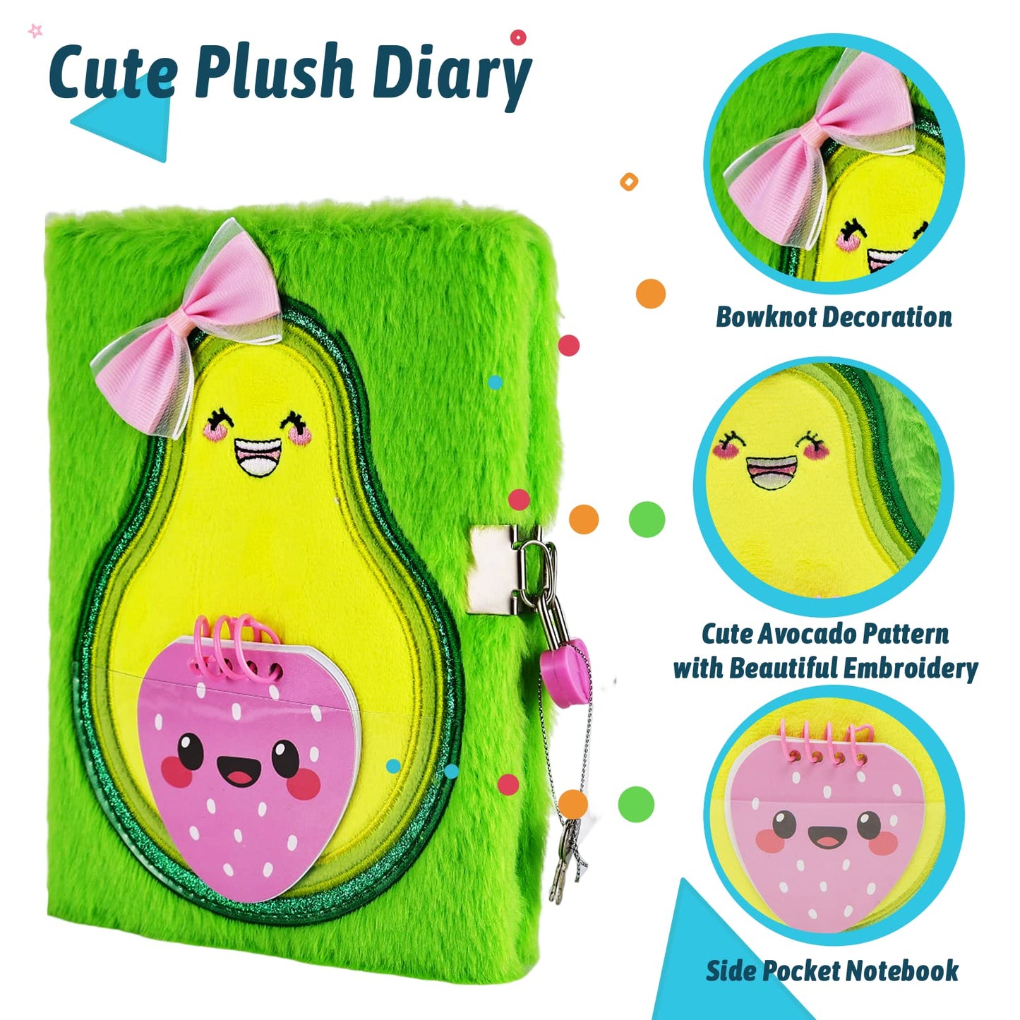 SuperStyle Journal Diary for Kids | Avocado Plush Diary with Lock, 64 Pages – Gift for Girls Aged 6-8