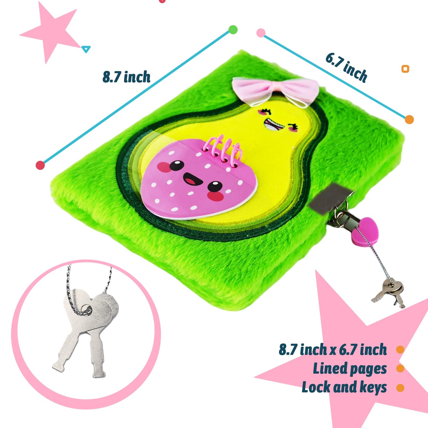 SuperStyle Journal Diary for Kids | Avocado Plush Diary with Lock, 64 Pages – Gift for Girls Aged 6-8