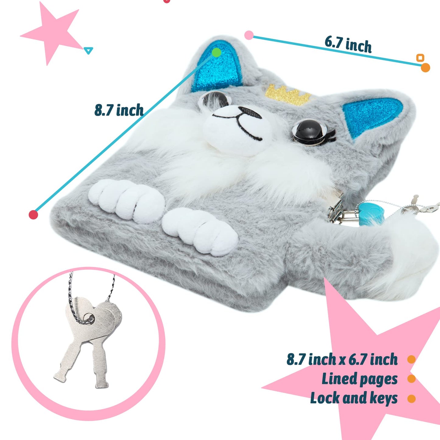 SuperStyle Journal Diary for Kids – Dog Plush Cover with Lock, Gift for Ages 6–12