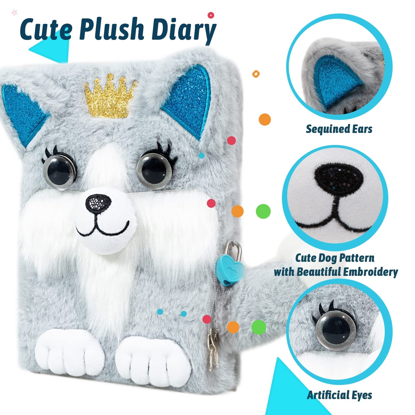 SuperStyle Journal Diary for Kids – Dog Plush Cover with Lock, Gift for Ages 6–12