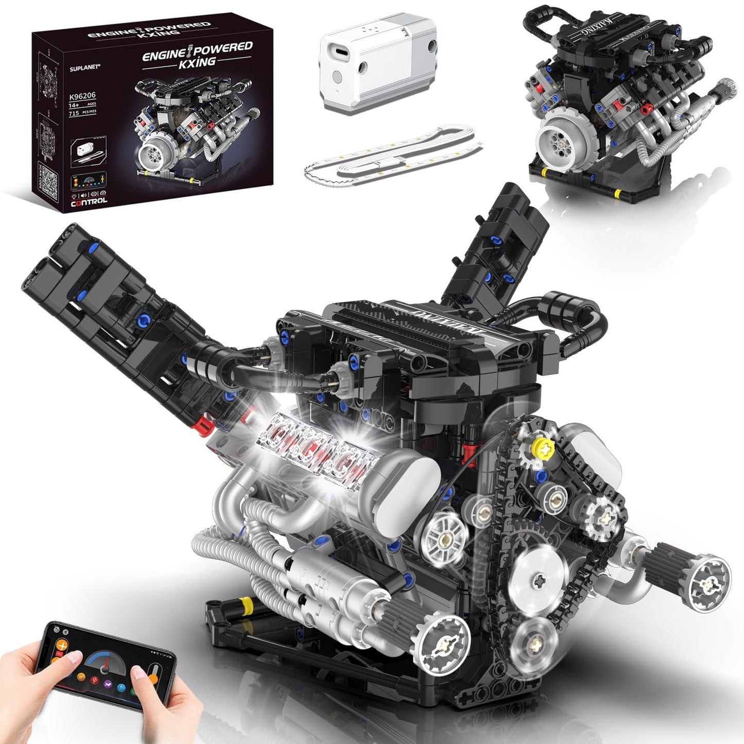 Suplanet V8 Engine Building Blocks Set – 715-Piece LED-Powered Engine Model Kit