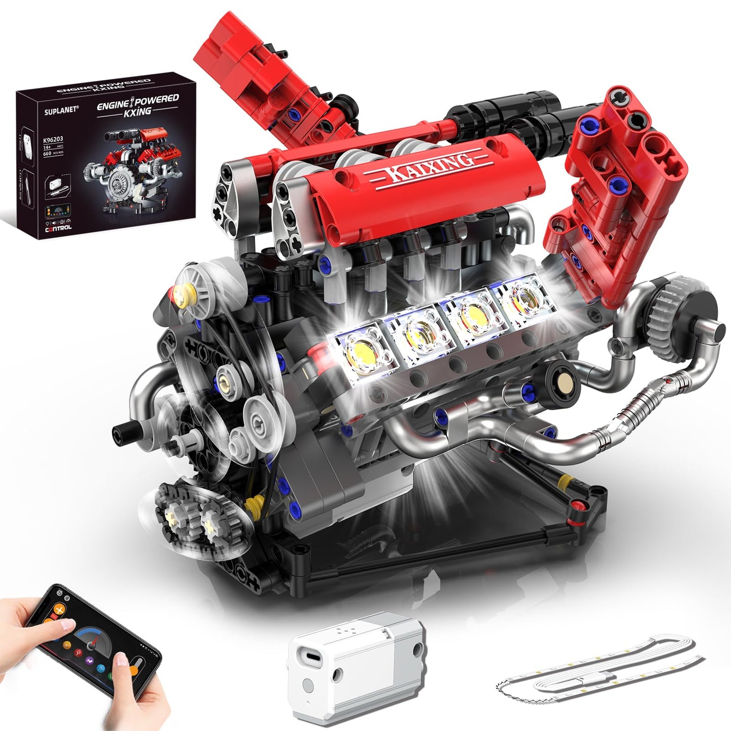 Suplanet Mini V8 Engine Kit That Runs – 660 PCS, LED Light, App Control