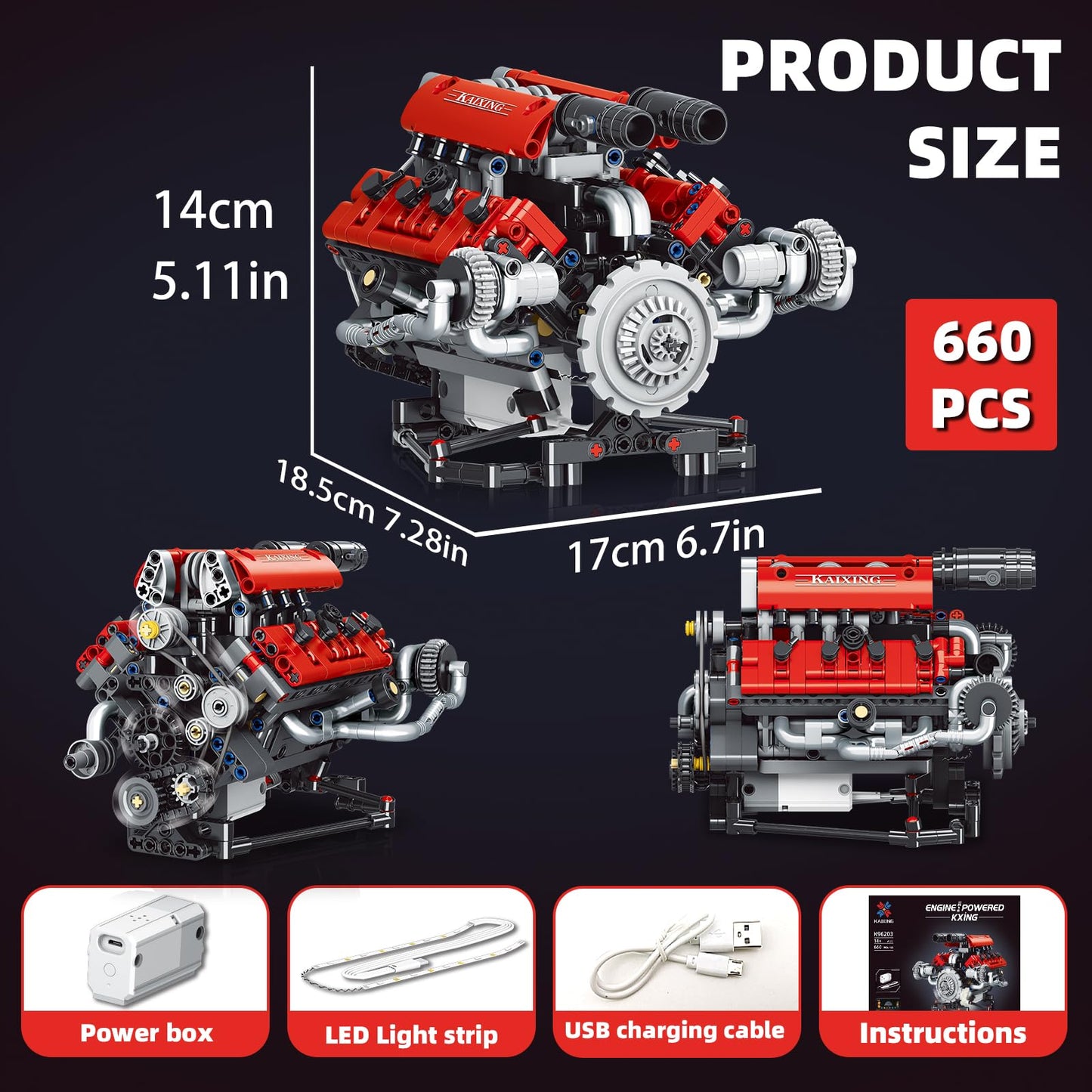 Suplanet Mini V8 Engine Kit That Runs – 660 PCS, LED Light, App Control