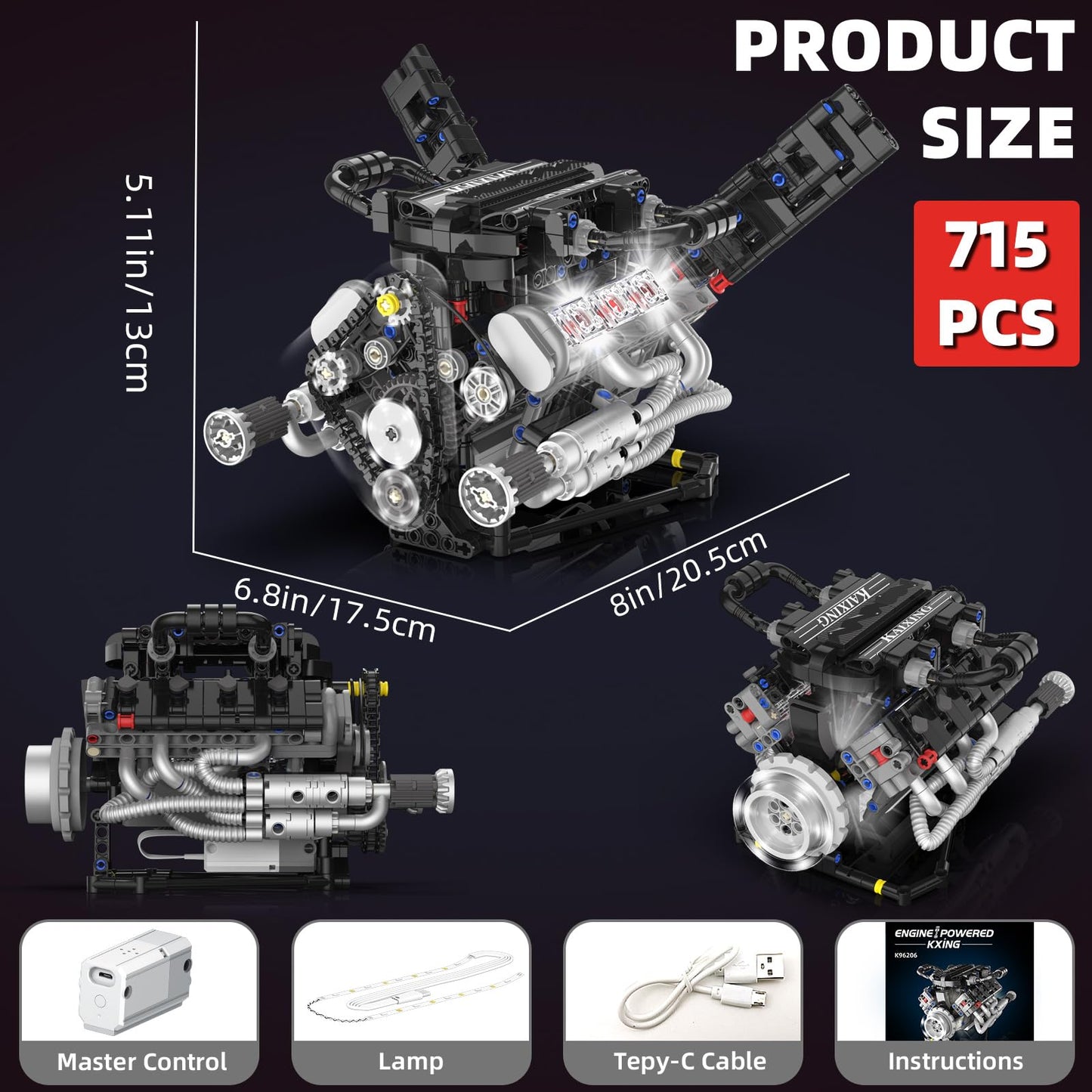 Suplanet V8 Engine Building Blocks Set – 715-Piece LED-Powered Engine Model Kit