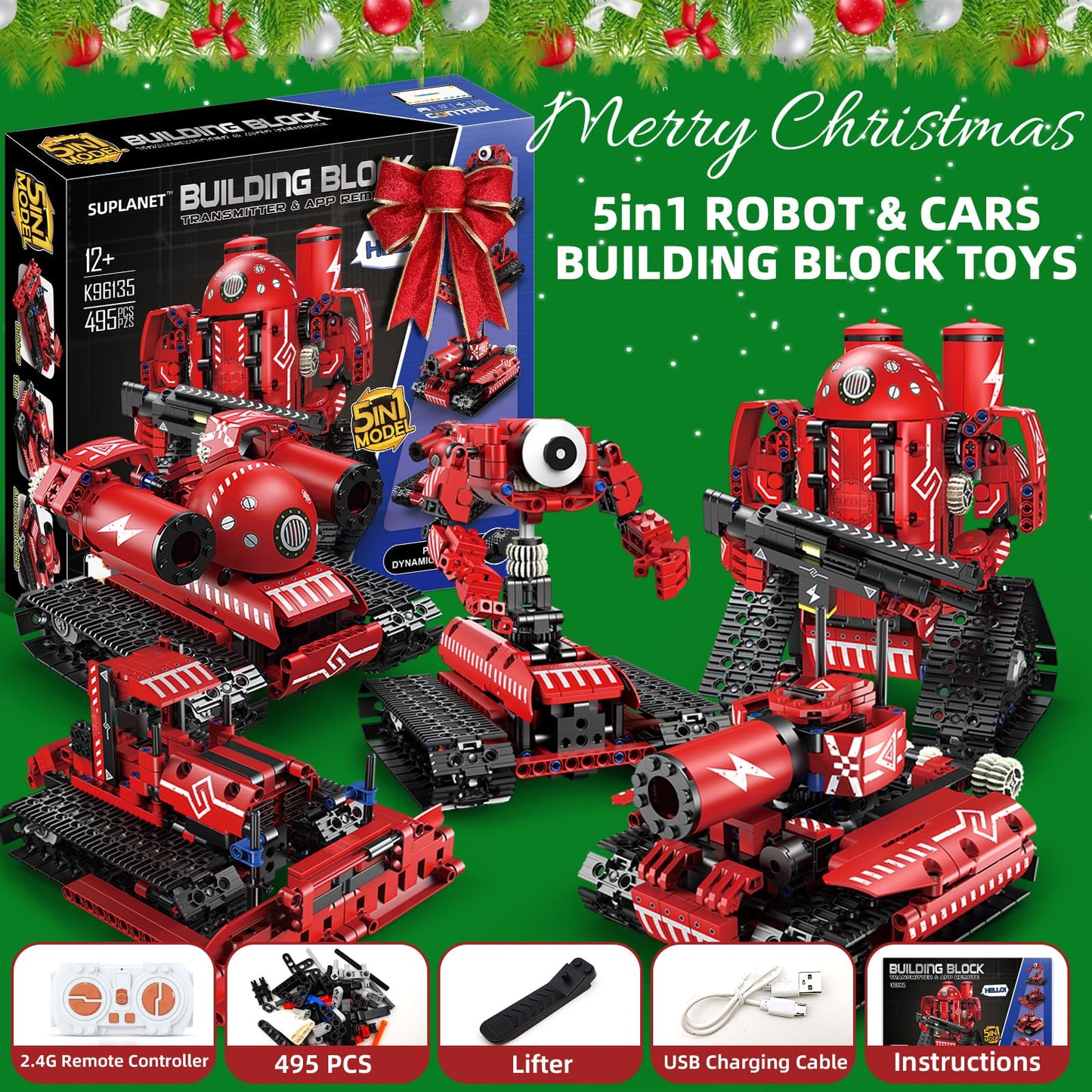 Suplanet STEM Robot Toys for Kids 8-14 – 5-in-1 Remote Control & APP Programmable Kit (495+ Pcs)