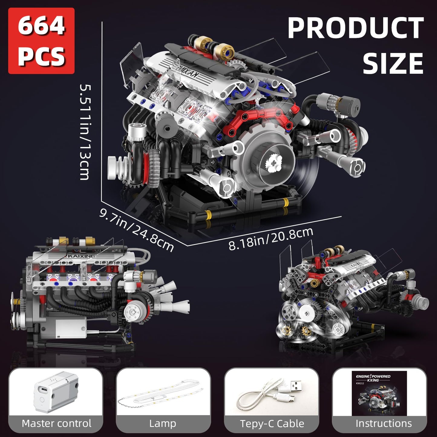Suplanet V8 Engine Kit - Realistic Model with Lights, App Control, 664pcs