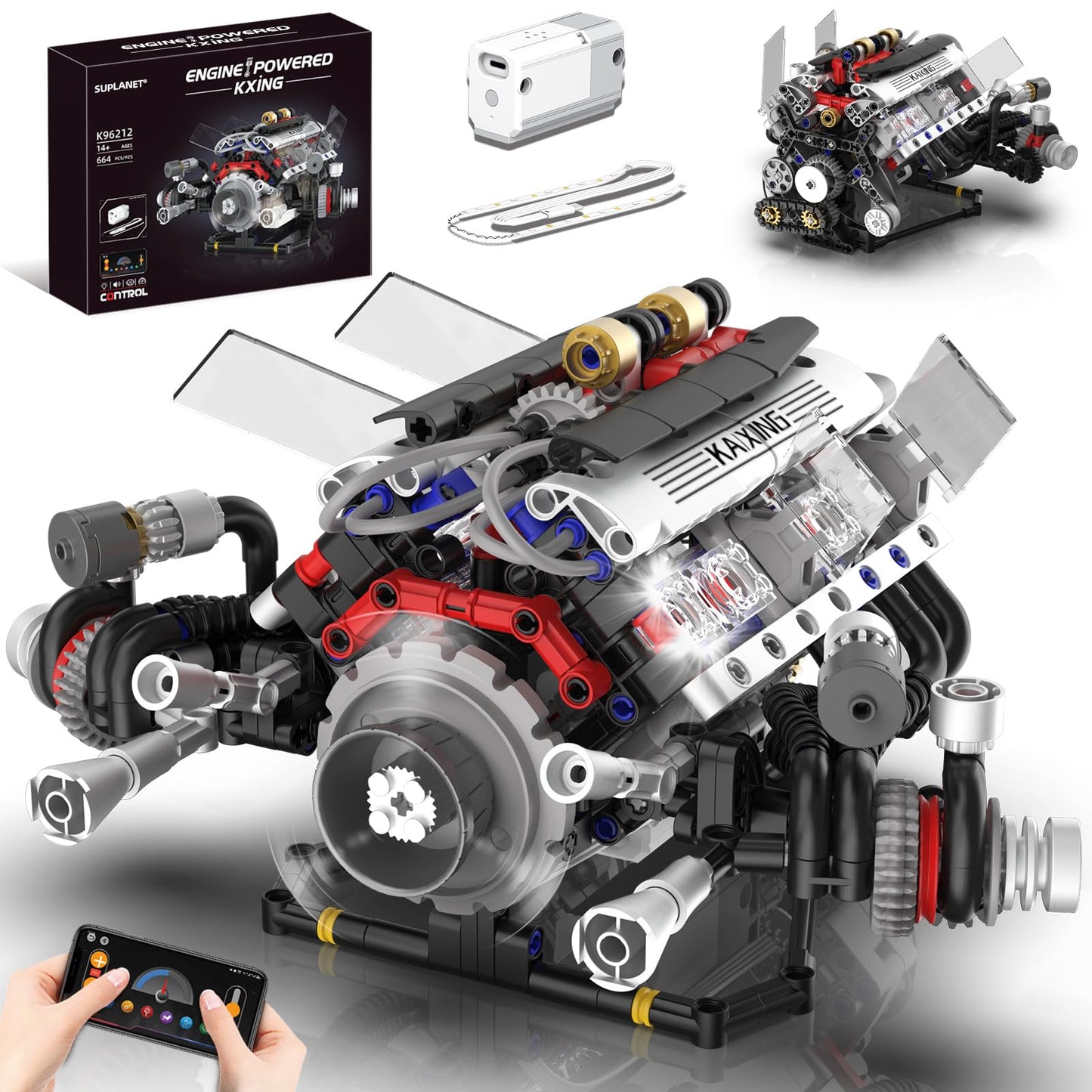 Suplanet V8 Engine Kit - Realistic Model with Lights, App Control, 664pcs