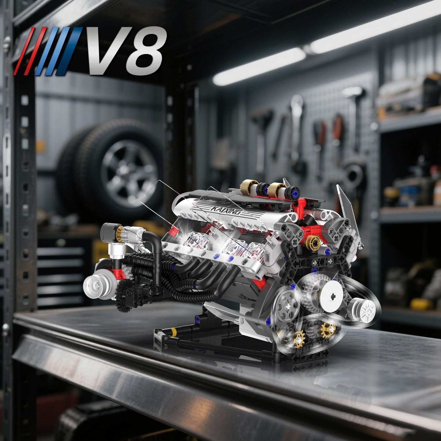 Suplanet V8 Engine Kit - Realistic Model with Lights, App Control, 664pcs